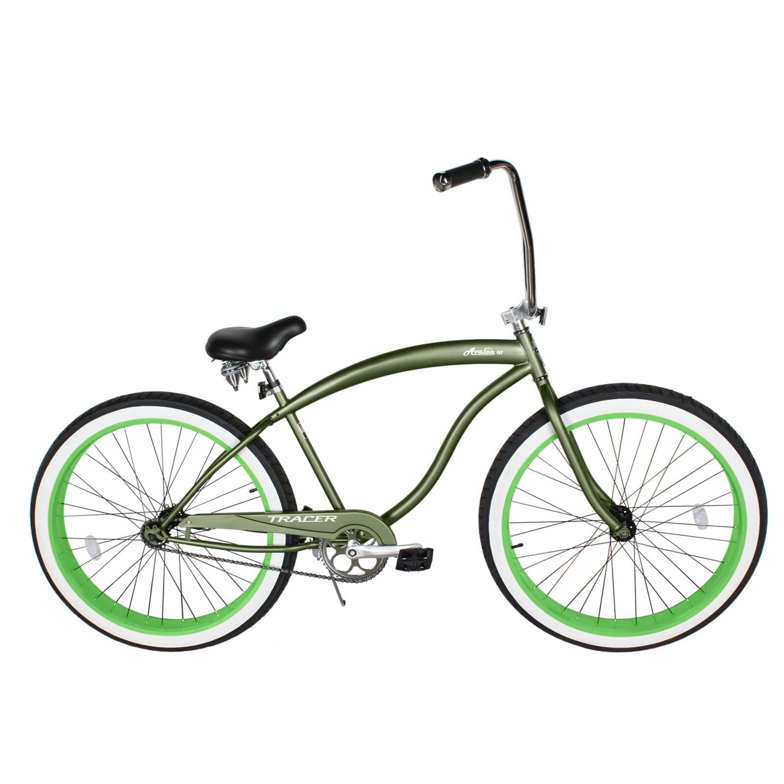 Tracer Avalon GT 29'' Fat Tire stretch Beach Cruiser Bike, side view, showing off its lowrider bike profile with chopper-style handlebar.
