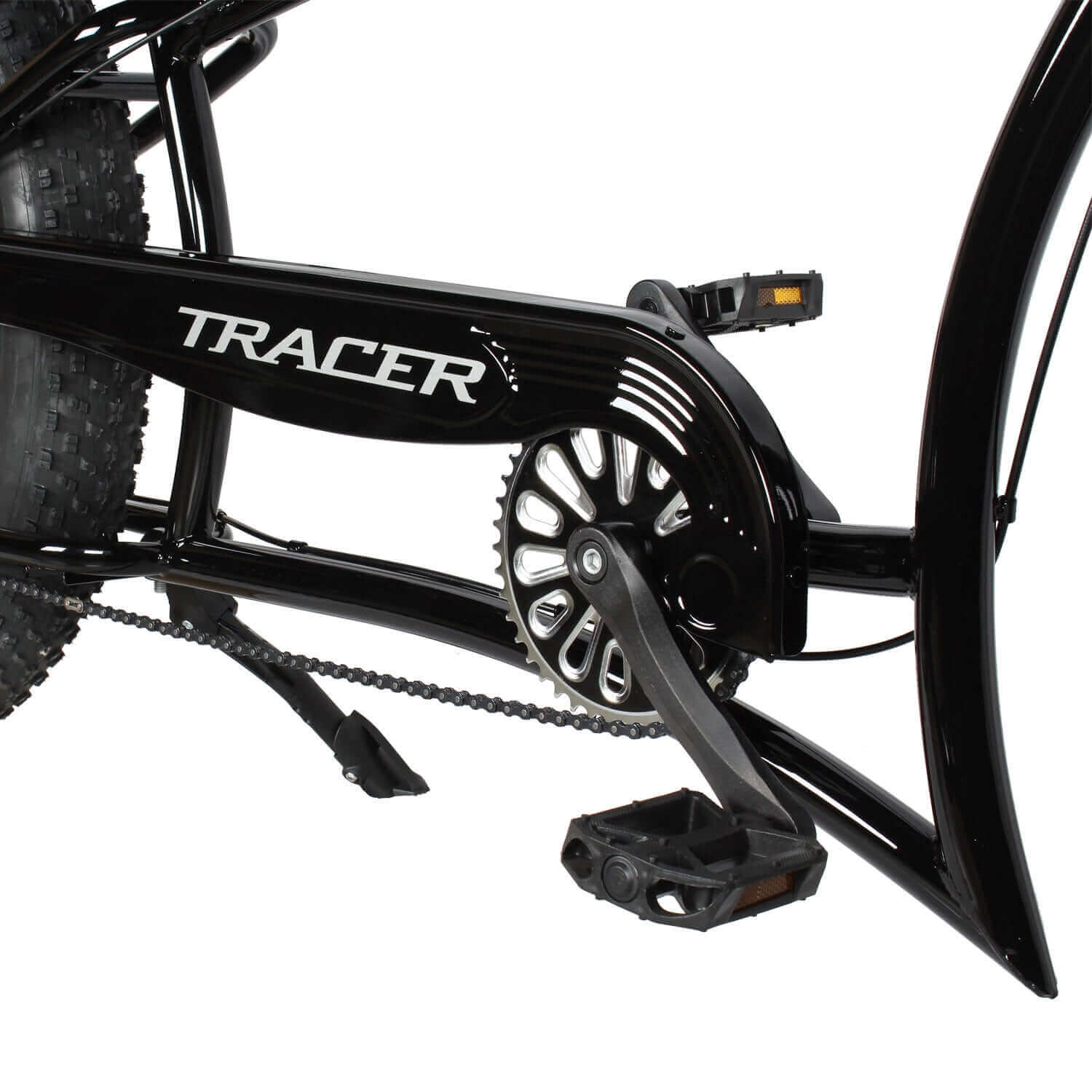 Close-up of Tracer Siena 26'' Chopper Stretch Cruiser Fat Tire Bike's drivetrain.