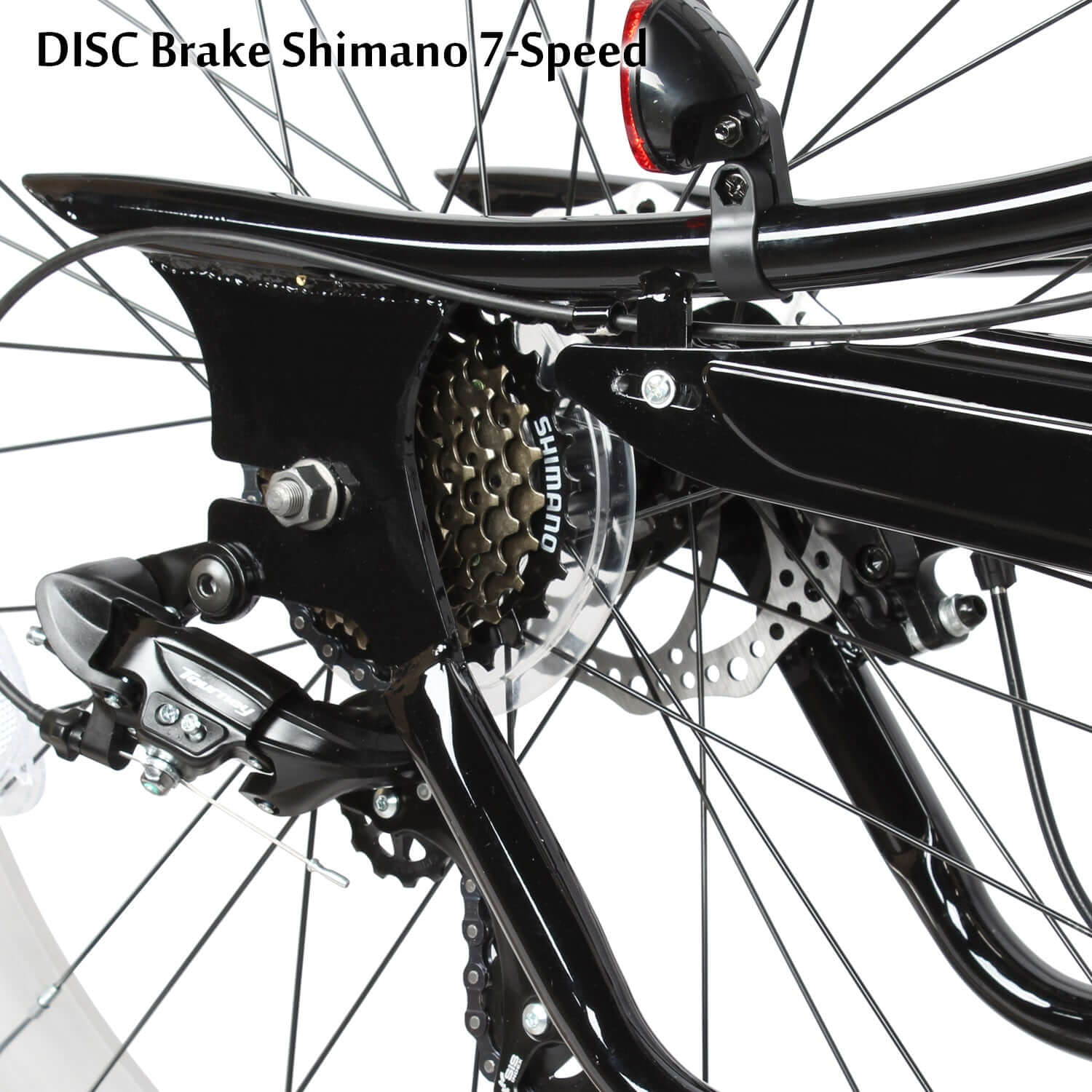 Tracer Siena 26'' Stretch Cruiser Bike rear derailleur system and braking system, Shimano 7 speed.