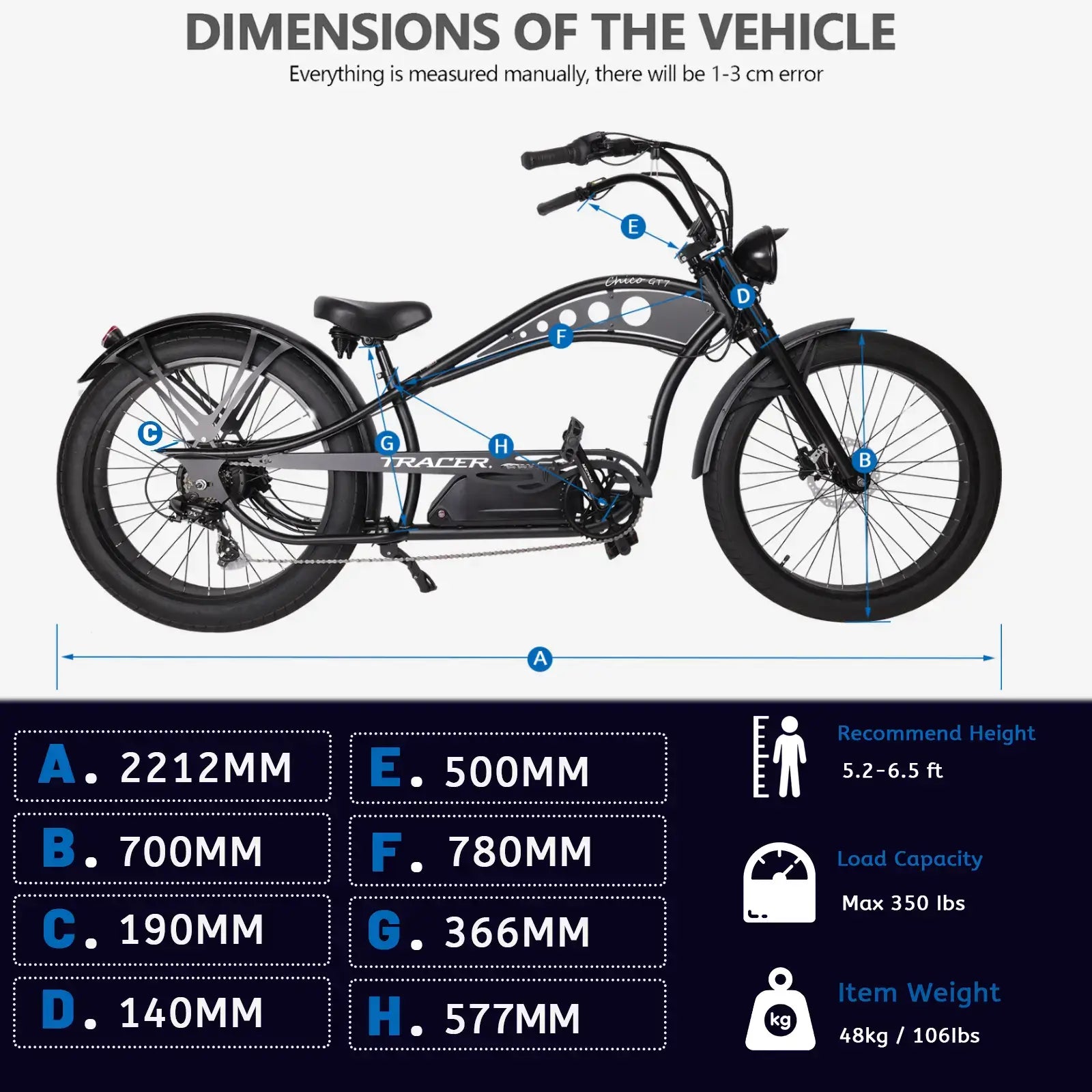 Detailed parameters of the Chico GT7 750W Electric Beach Cruiser bike.