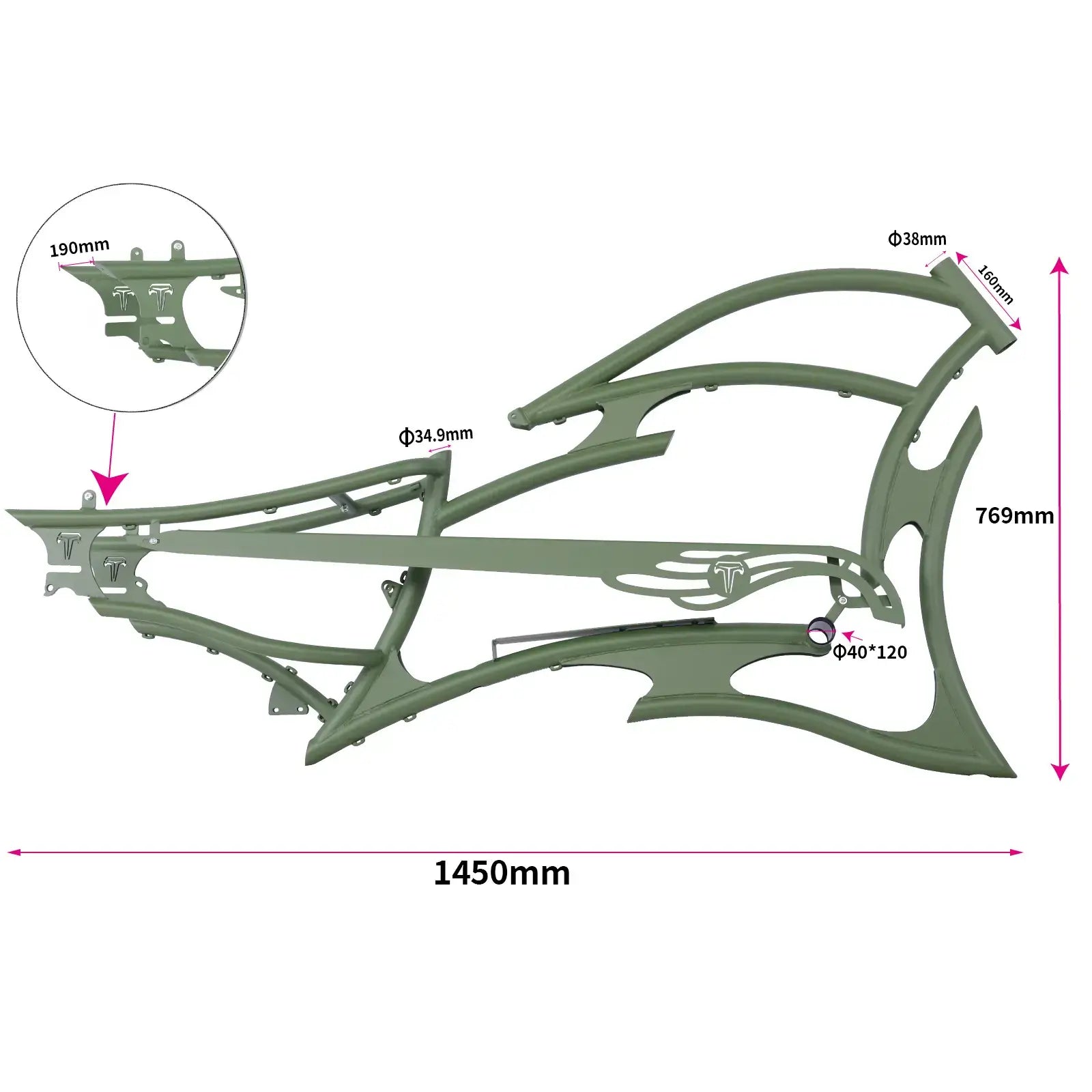Tracer FM-RAPTOR Ebike Frame 26inch stretch chopper for single speed/7 speed