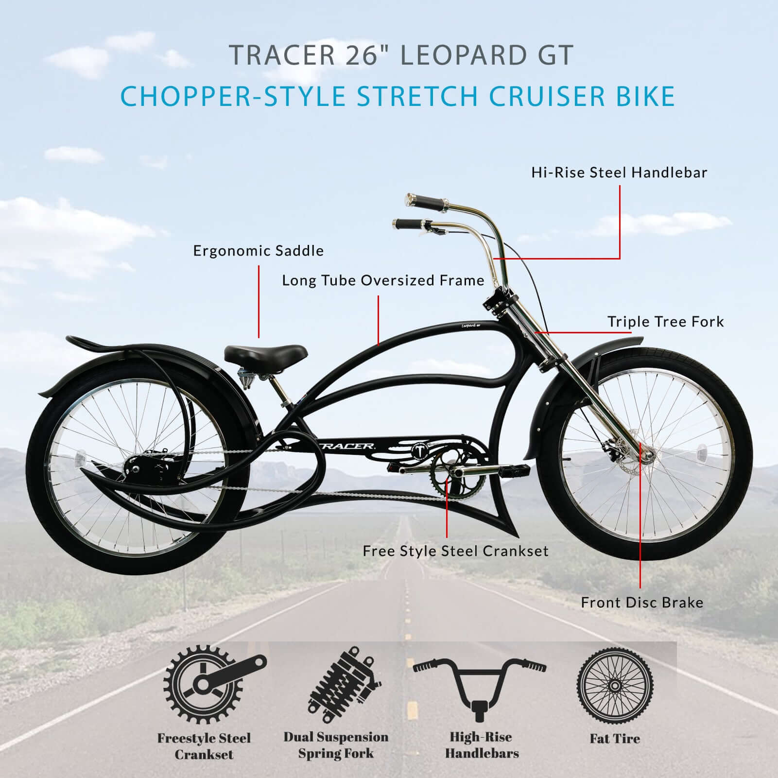 Tracer Leopard GT Chopper Stretch Cruiser Bikes