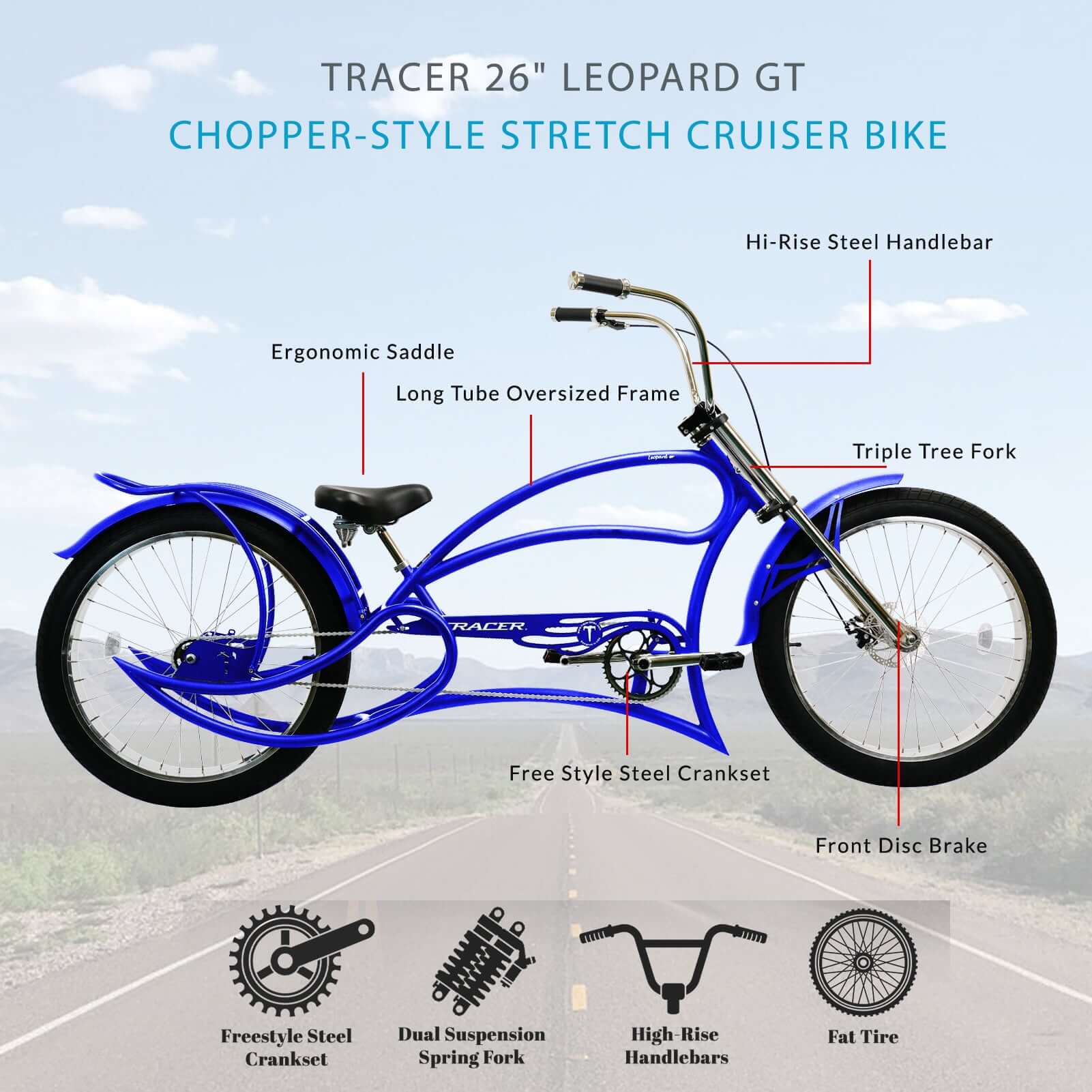 Tracer Leopard GT Chopper Stretch Cruiser Bikes