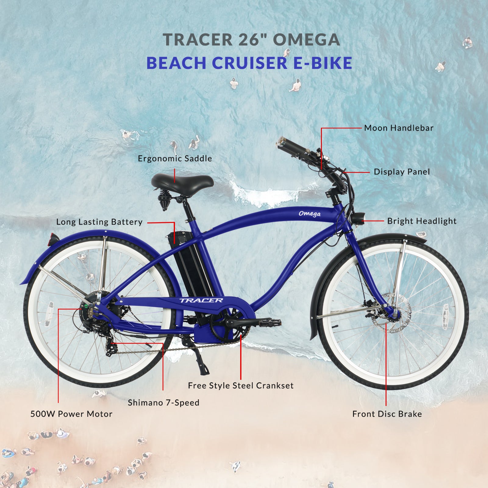 Tracer OMEGA 26" 7 Speed Electric Beach Cruiser Bike for Men.