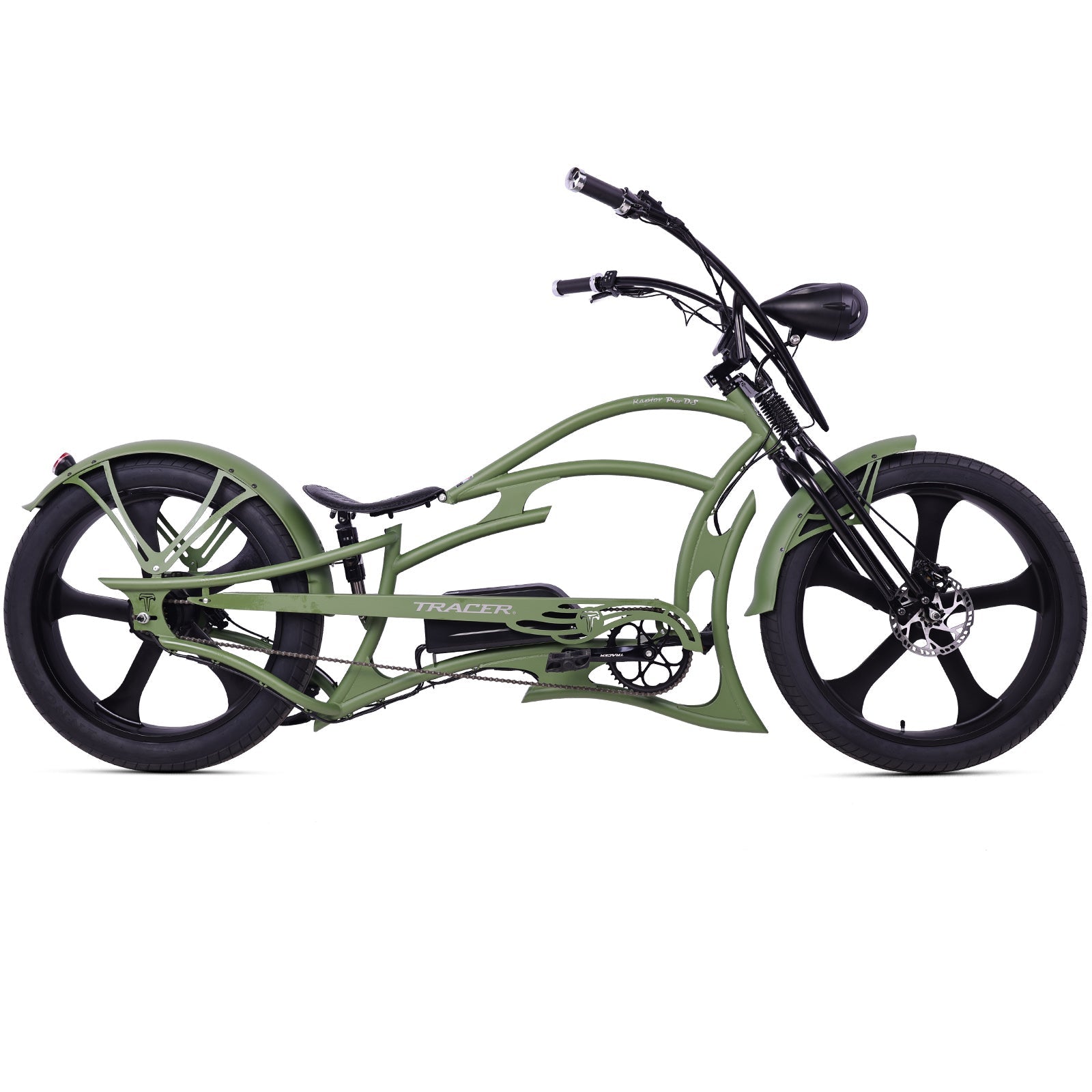 Full-body shot of the Raptor Pro DS 800W Stretch Cruiser Ebike, showing its profile.