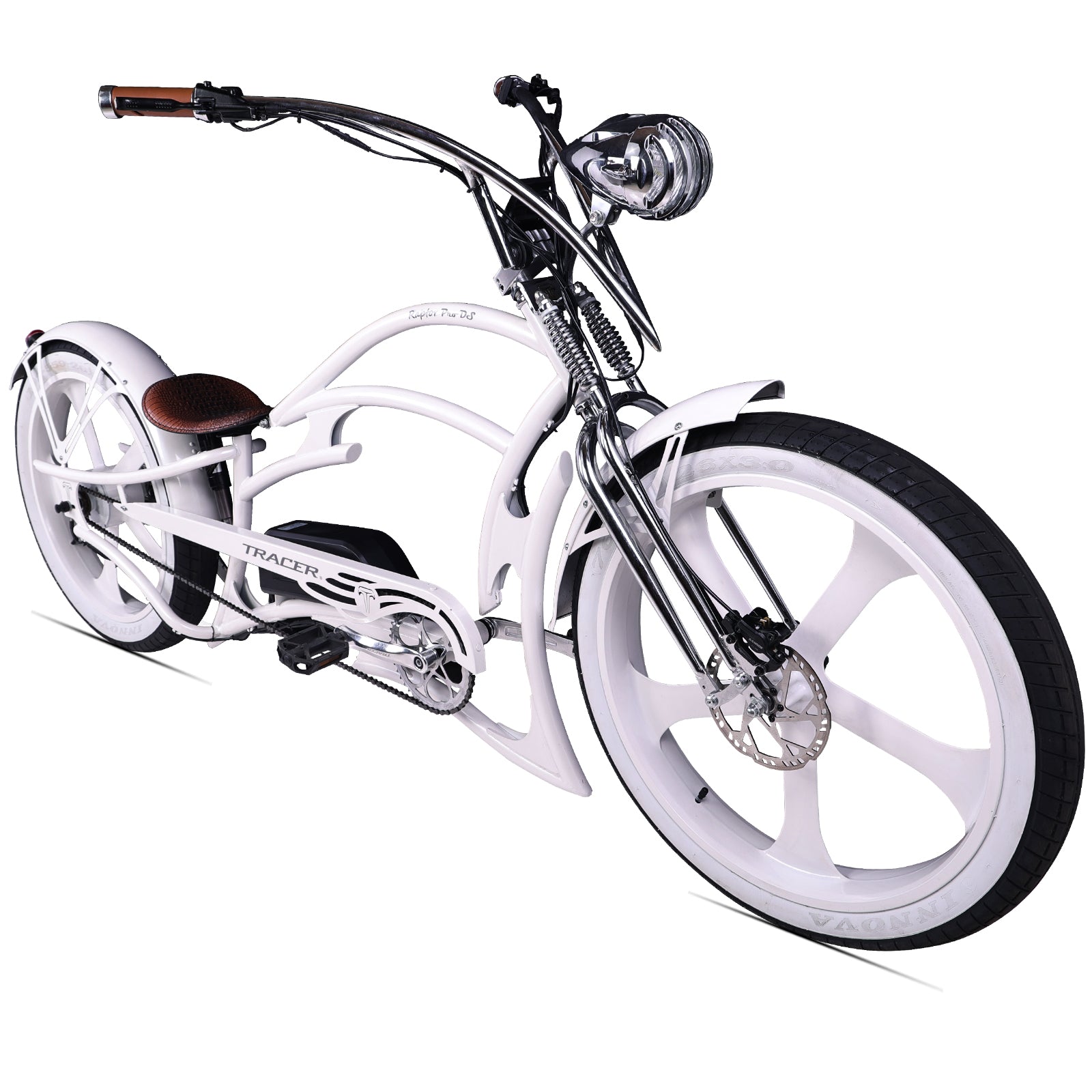 Front view of Raptor Pro DS 800W Stretched Cruiser Ebike showing details of the front wheel.