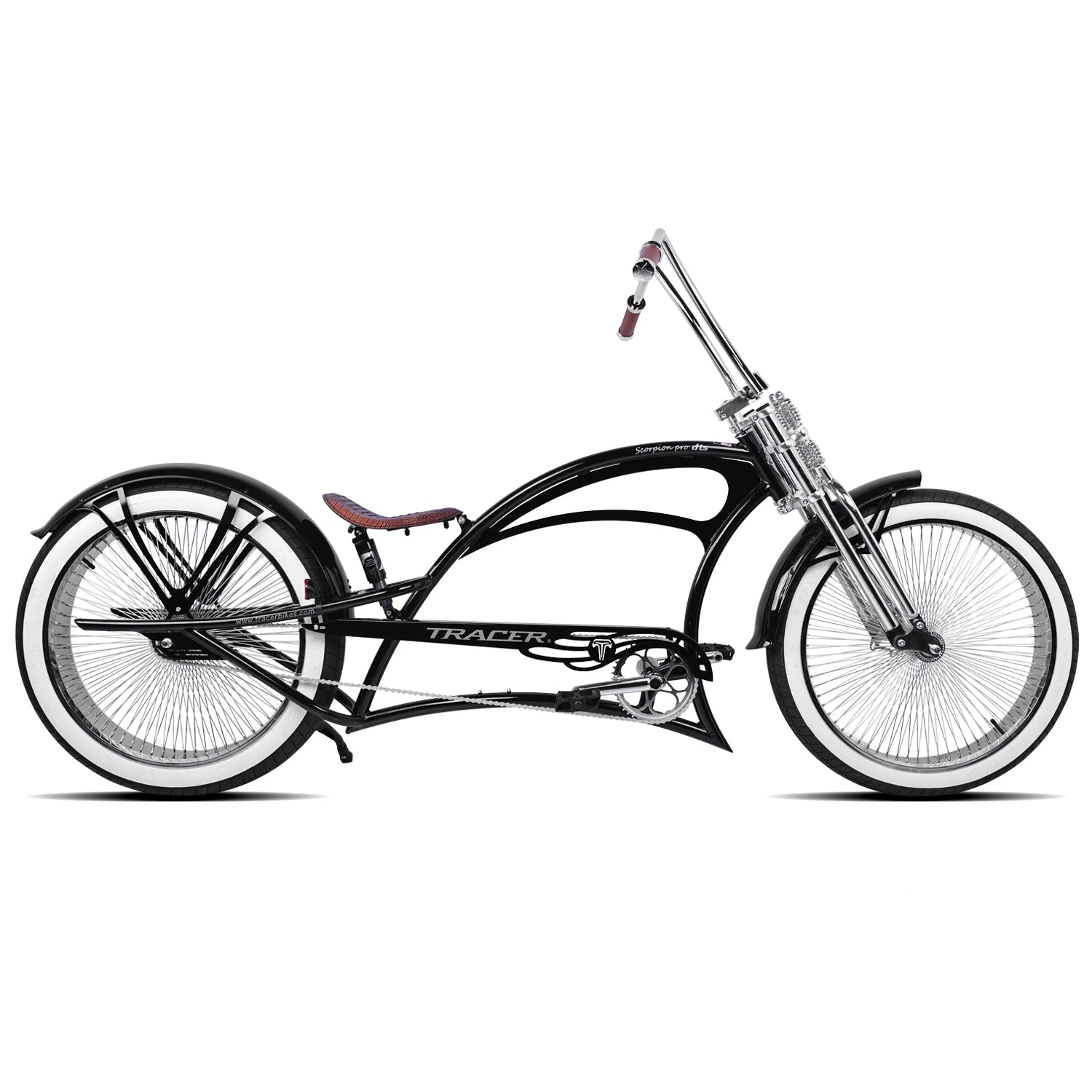 Tracer Scorpion Pro DTS 26" Stretch Chopper Cruiser Bicycle in black with retro design and white wall tires.