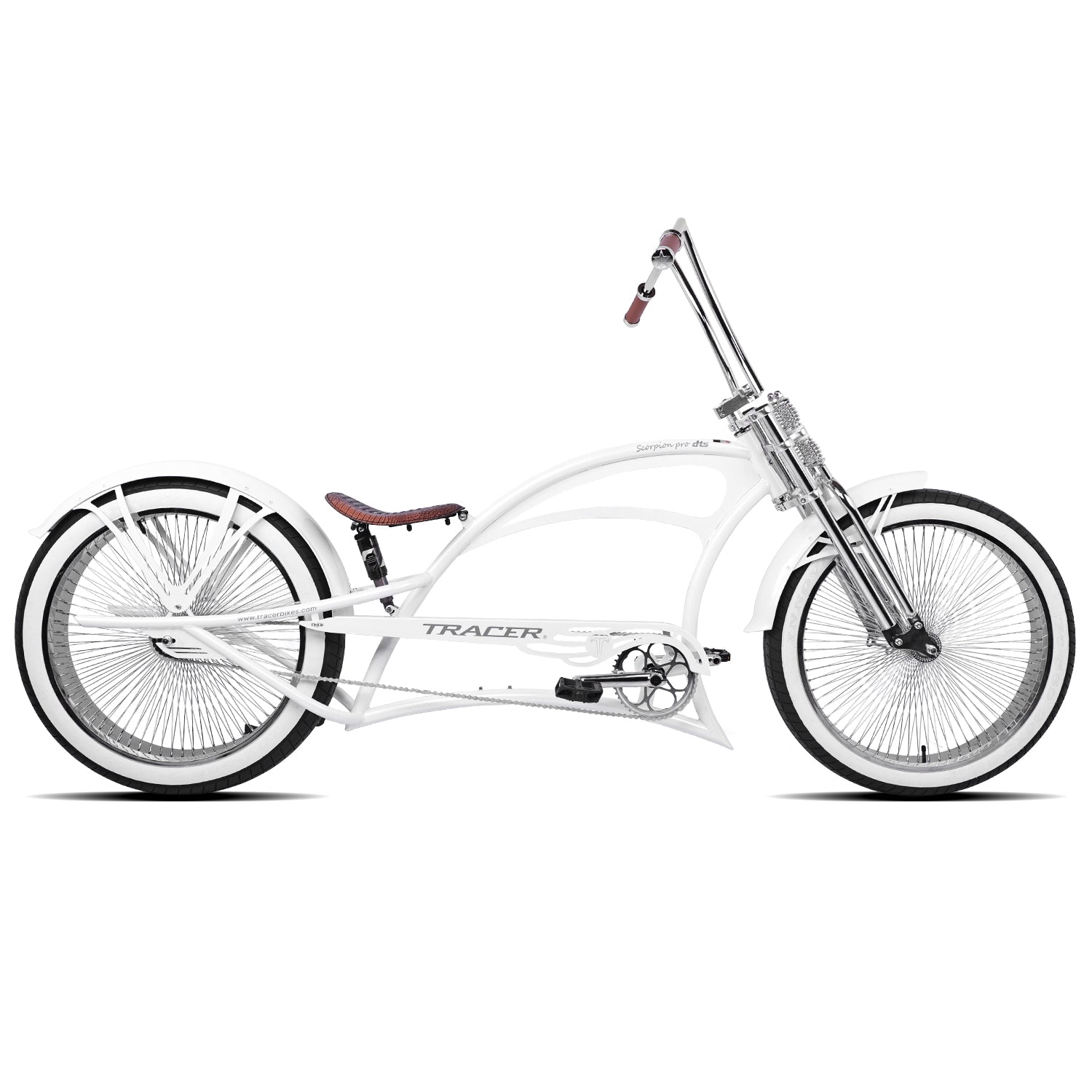 Scorpion Pro DTS 26” Stretch Chopper Cruiser Bicycle in white with retro design and wide white wall tires.