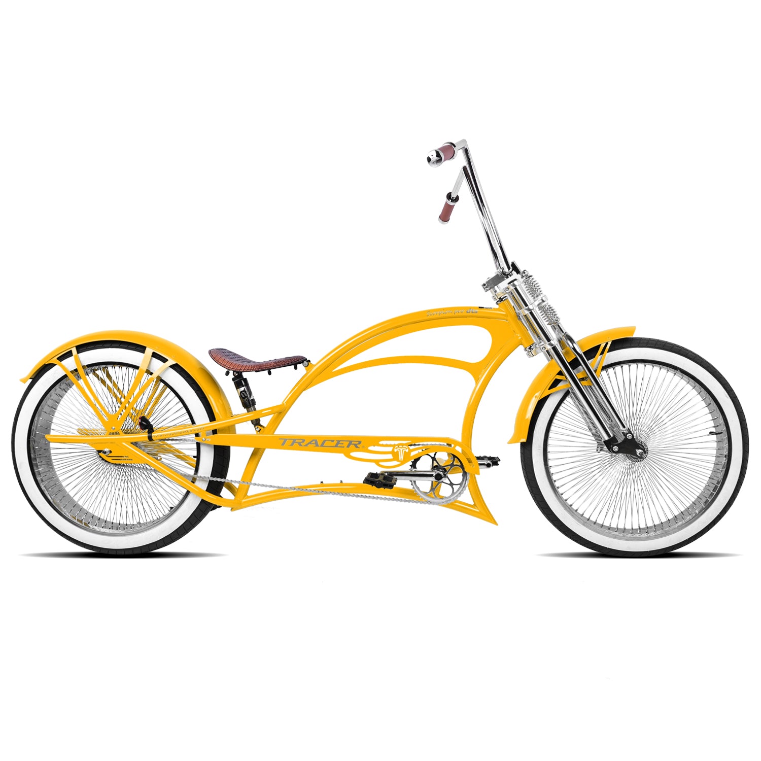 Scorpion Pro DTS 26” Stretch Chopper Cruiser Bicycle in yellow, featuring oversized steel frame and retro handlebar design.