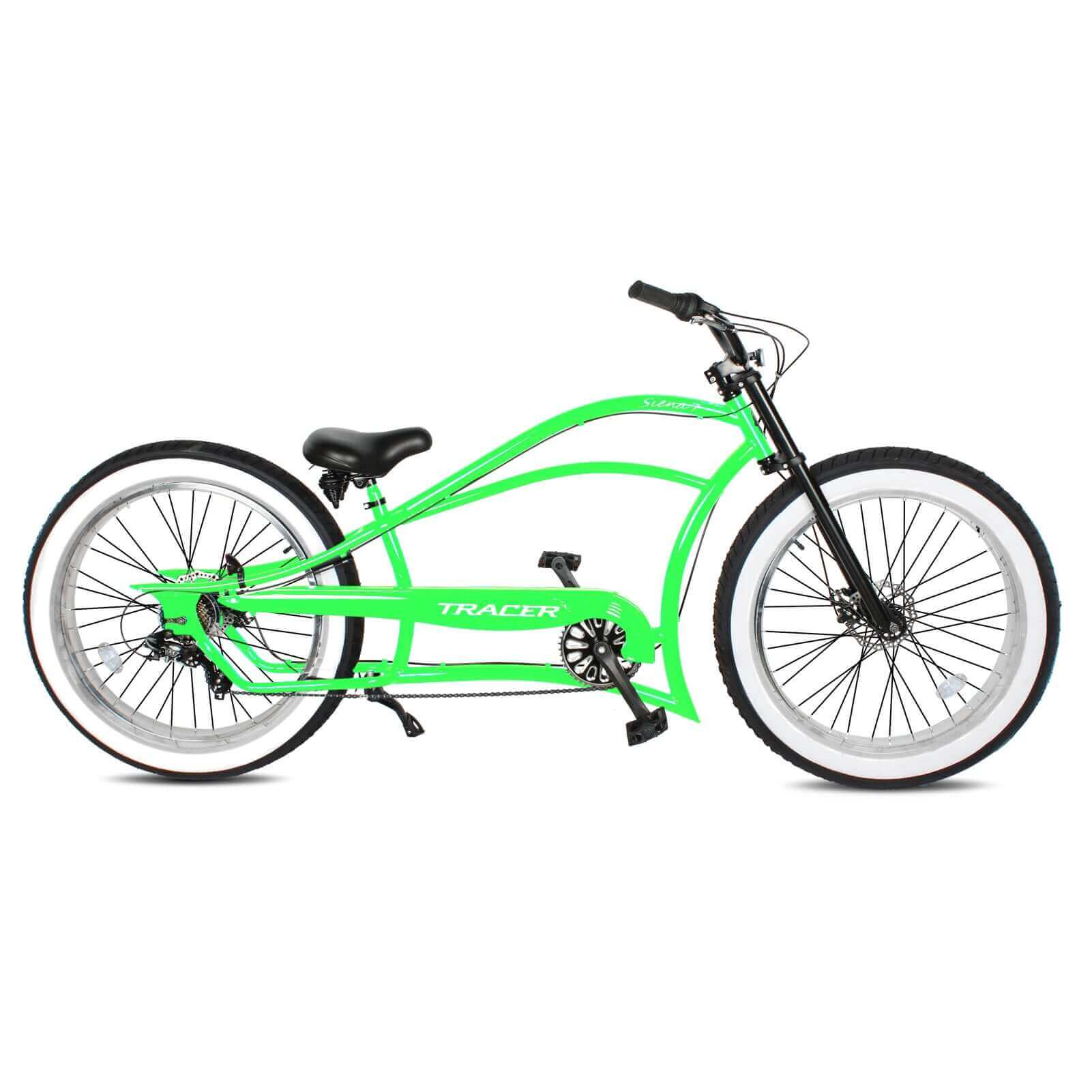 Side profile of the green Tracer Siena 26' Stretched Beach Cruiser Fat Tire Bike, showcasing its elegant chopper-style frame.
