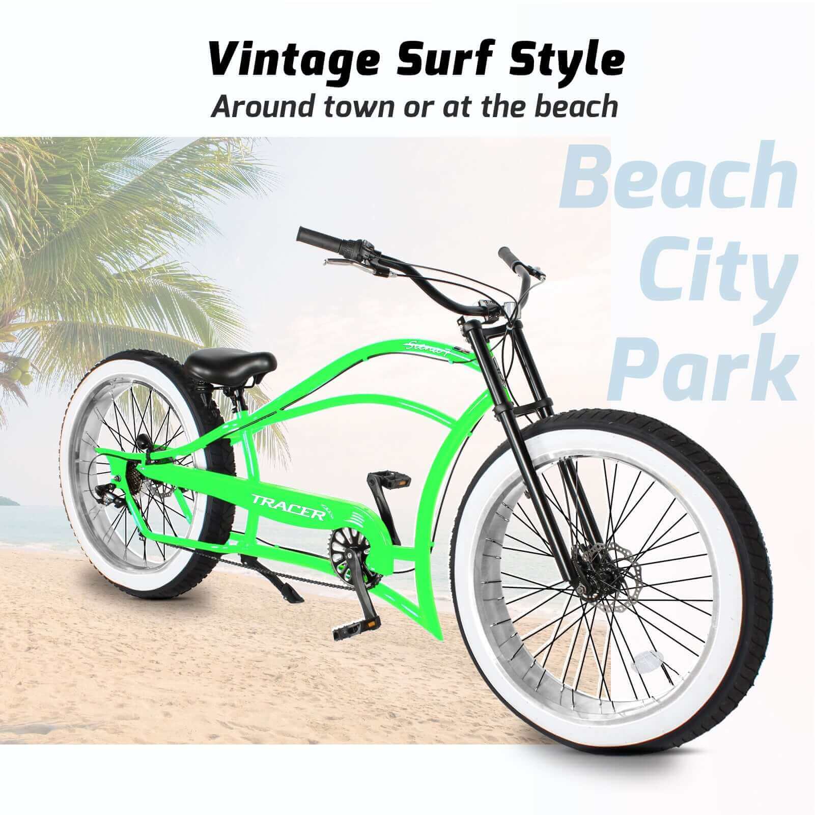 Tracer Siena 26'' Chopper Stretch Cruiser Fat Tire Bike, showcasing its vintage surf style design.