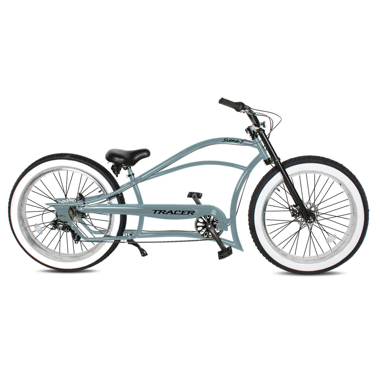 Tracer Siena 26'' Chopper Stretch Cruiser Fat Tire Bike Single Speed/7 Speed shown in gray, side view.