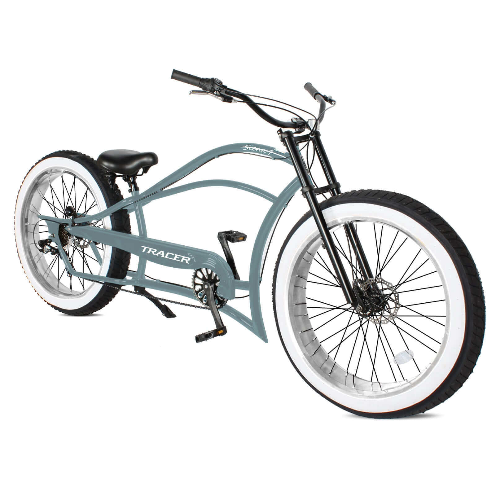Front-side view of Tracer Siena 26'' Chopper Stretch Cruiser Bike,showcasing its bold, chopper-inspired frame and fat tires.