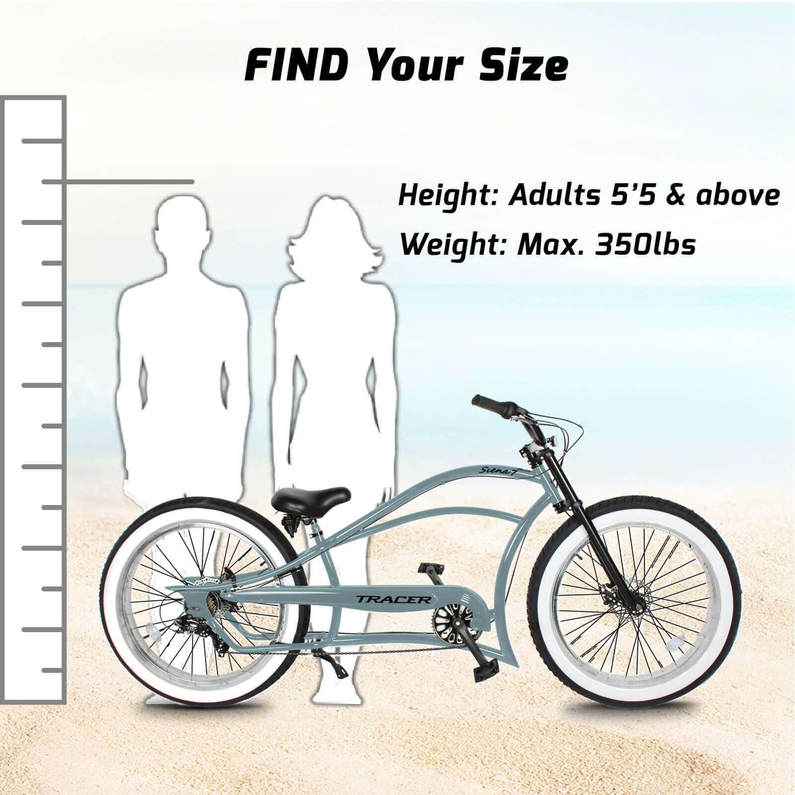 Tracer Siena 26'' Chopper Stretch Cruiser Fat Tire Bike 1 Speed/7 Speed, rider size guide.