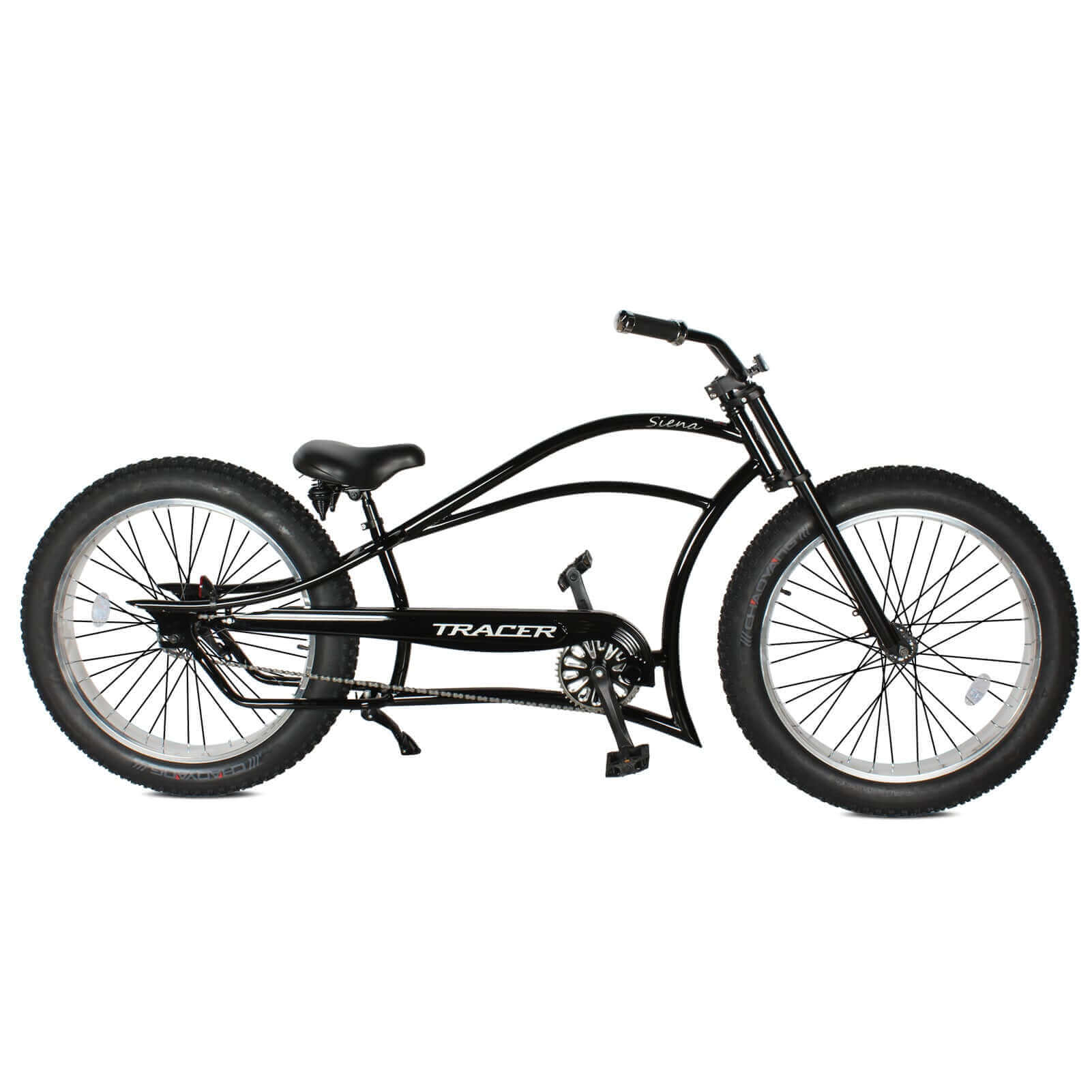 Tracer Siena 26'' Chopper Stretch Cruiser Fat Tire Bike side profile, highlighting its retro style design.