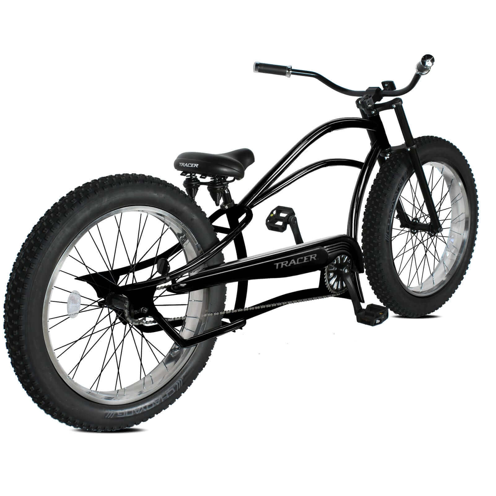 Tracer Siena 26'' Stretch Cruiser Fat Tire Bike, showcasing its unique chopper profile.