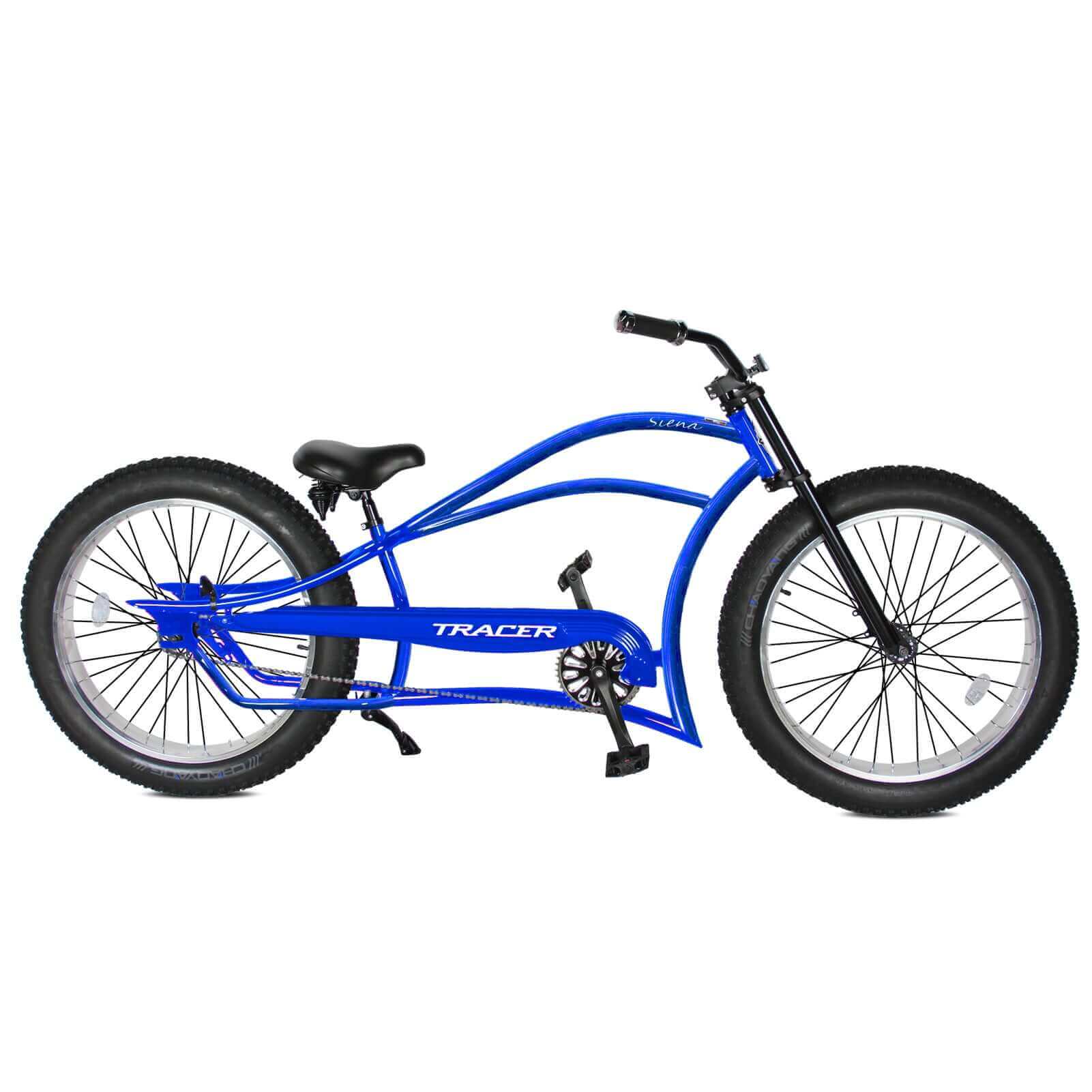 Tracer Siena 26'' Chopper Stretch Cruiser Fat Tire Bike side profile, showing off its retro chopper design.