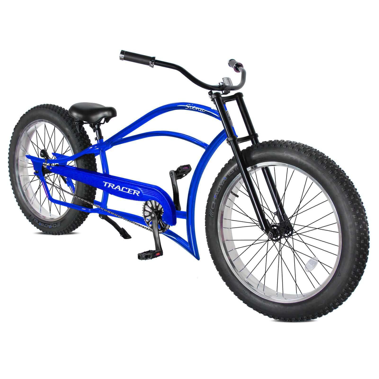 Blue Tracer Siena 26'' Chopper Stretch Cruiser Fat Tire Bike front view.