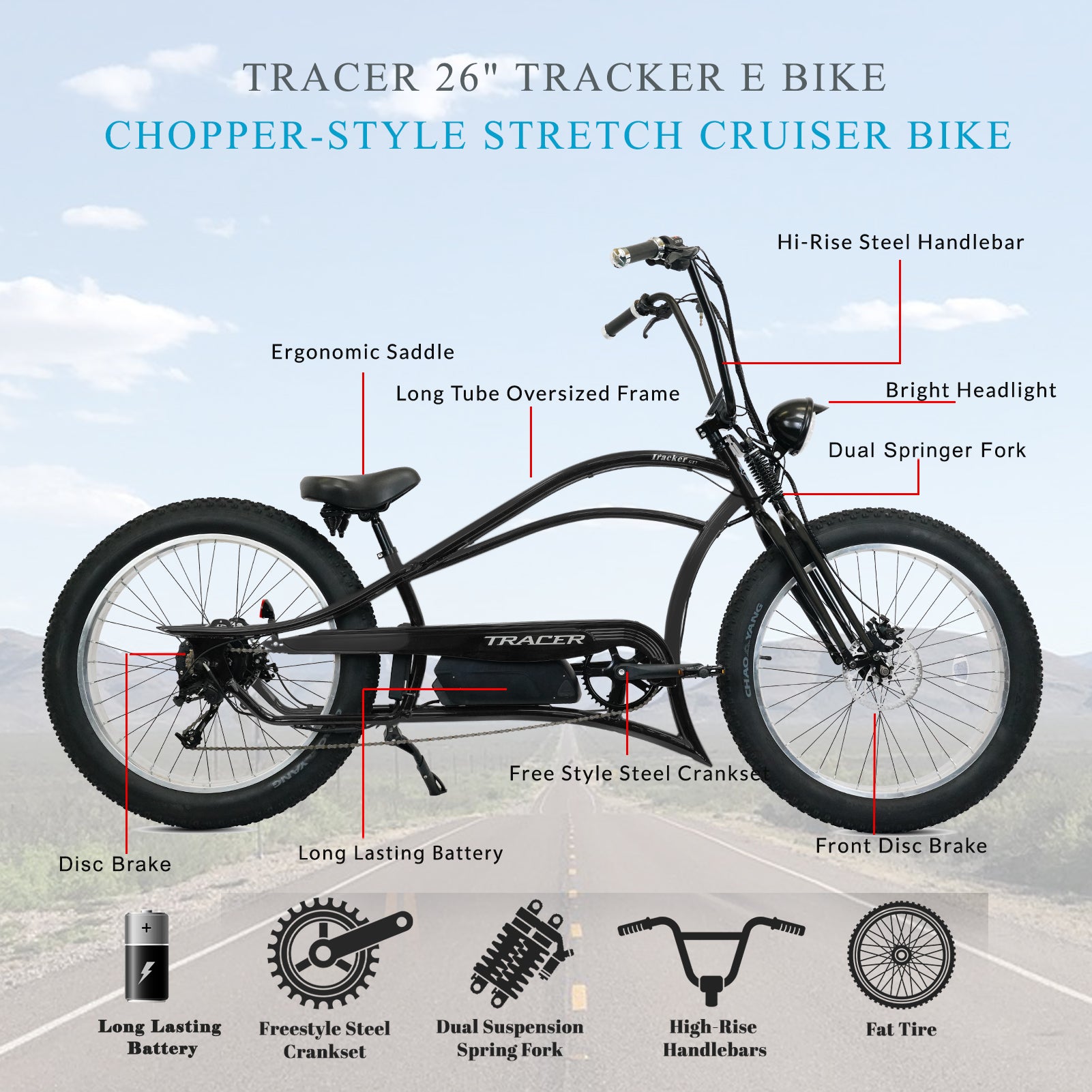 Tracer Tracker DS7  26" 7 Speed Stretch E-Bike with Classic Dual Springer Fork.