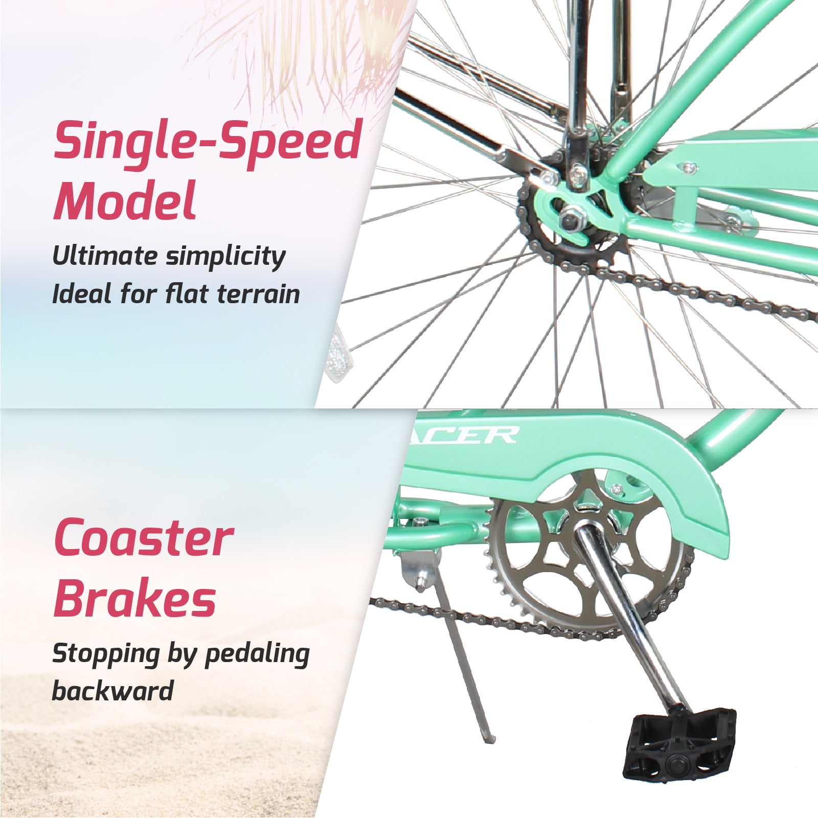 Tracer NOVA 26" Beach Cruiser Bikes Single Speed, w/ Moon-type handlebar, KT Coaster Brake for WOMEN - Tracer Bikes