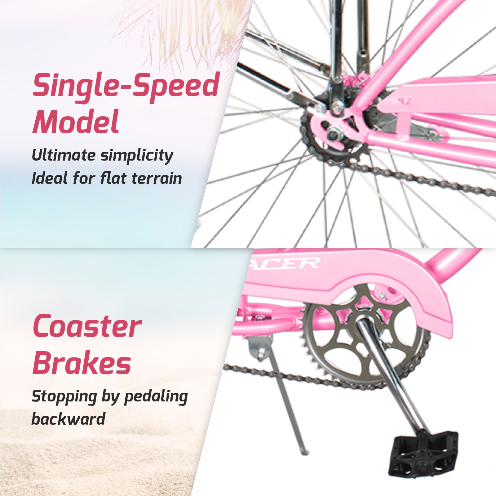 Tracer NOVA 26" Beach Cruiser Bikes Single Speed, w/ Moon-type handlebar, KT Coaster Brake for WOMEN - Tracer Bikes