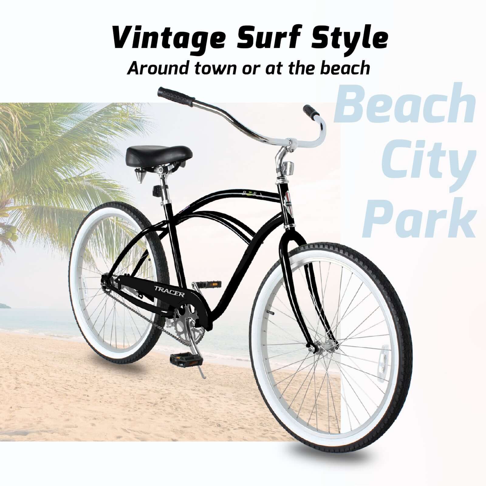 Tracer BORA-M 26" Beach Cruiser Hybrid Bikes Single Speed For Men, Hi-Ten steel Frame, Moon Type Handlebar, Coaster Brake with Comfortable leather Saddle - Tracer Bikes