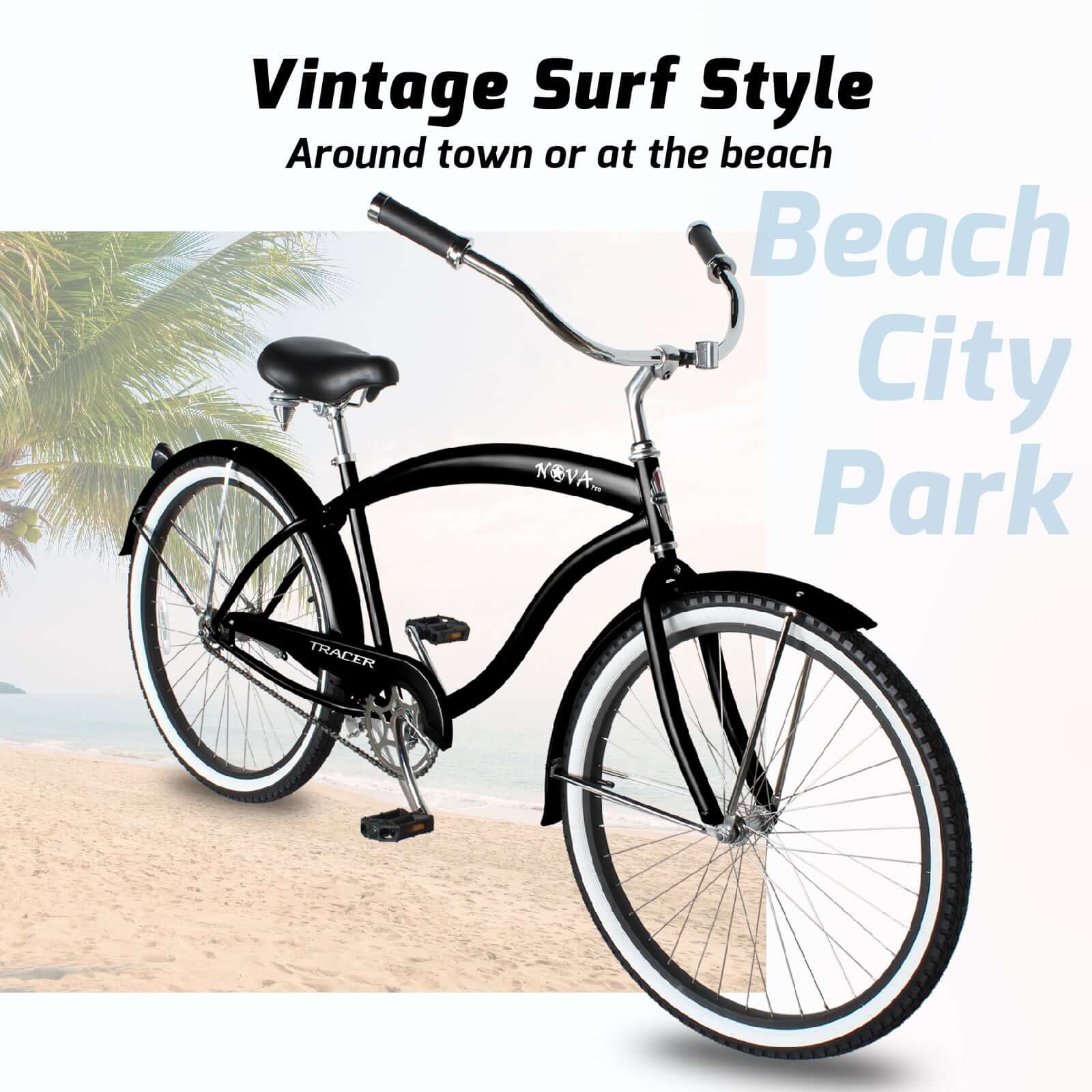 Tracer NOVA 26" Beach Cruiser Bikes Single Speed w/ Moon-type Handlebar, KT Coaster Brake for MEN - Tracer Bikes