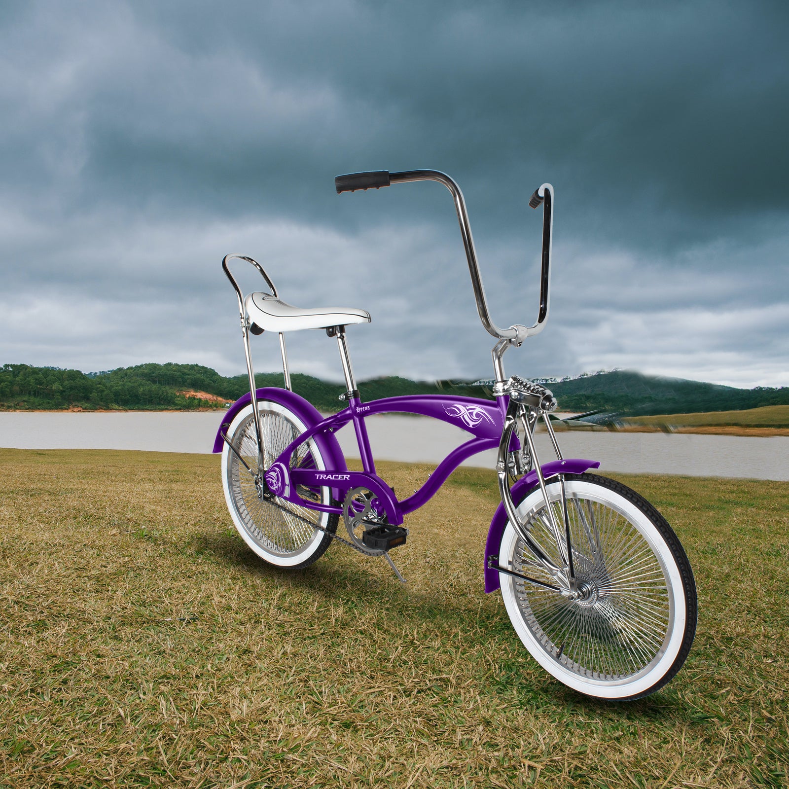 Tracer Hyena Classic Beach Cruiser Bike with 20''x 140H wheel, Single Speed, w/ Hi-rise classic handlebar. Banana Seat - Tracer Bikes
