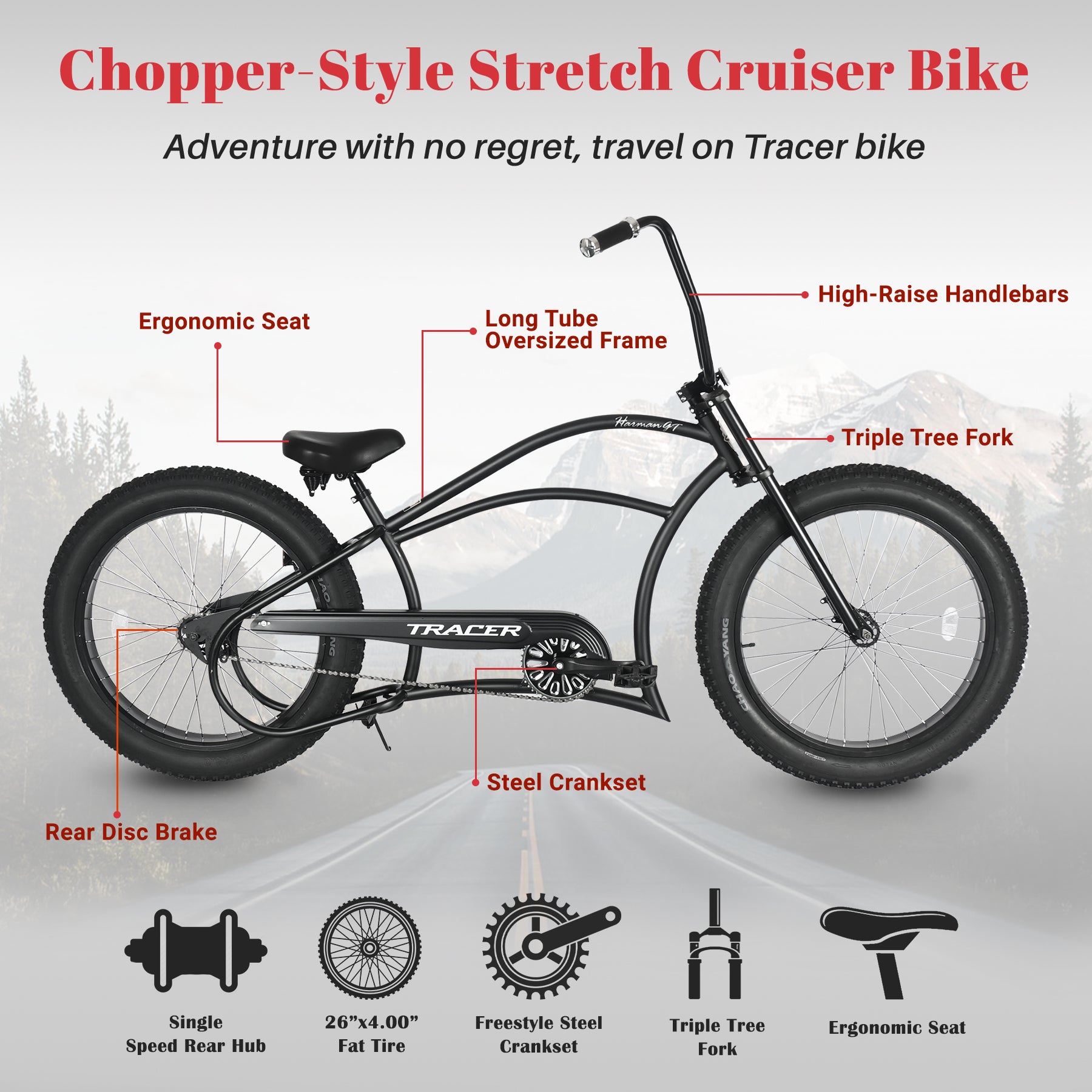 Tracer Harman GT 26'' Classic Chopper Stretch Cruiser Fat Tire Bike Single Speed