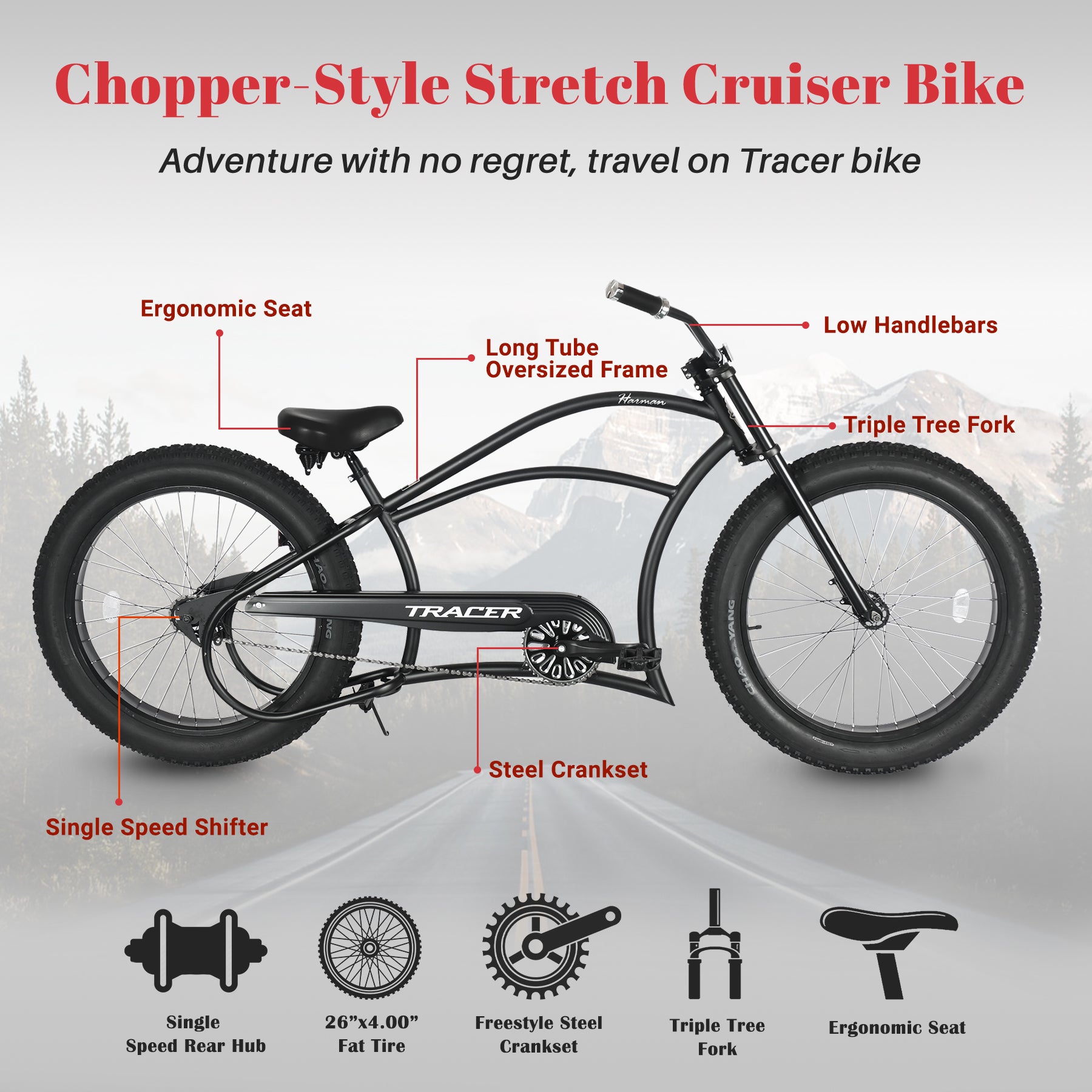 Tracer Harman GT 26'' Classic Chopper Stretch Cruiser Fat Tire Bike Single Speed