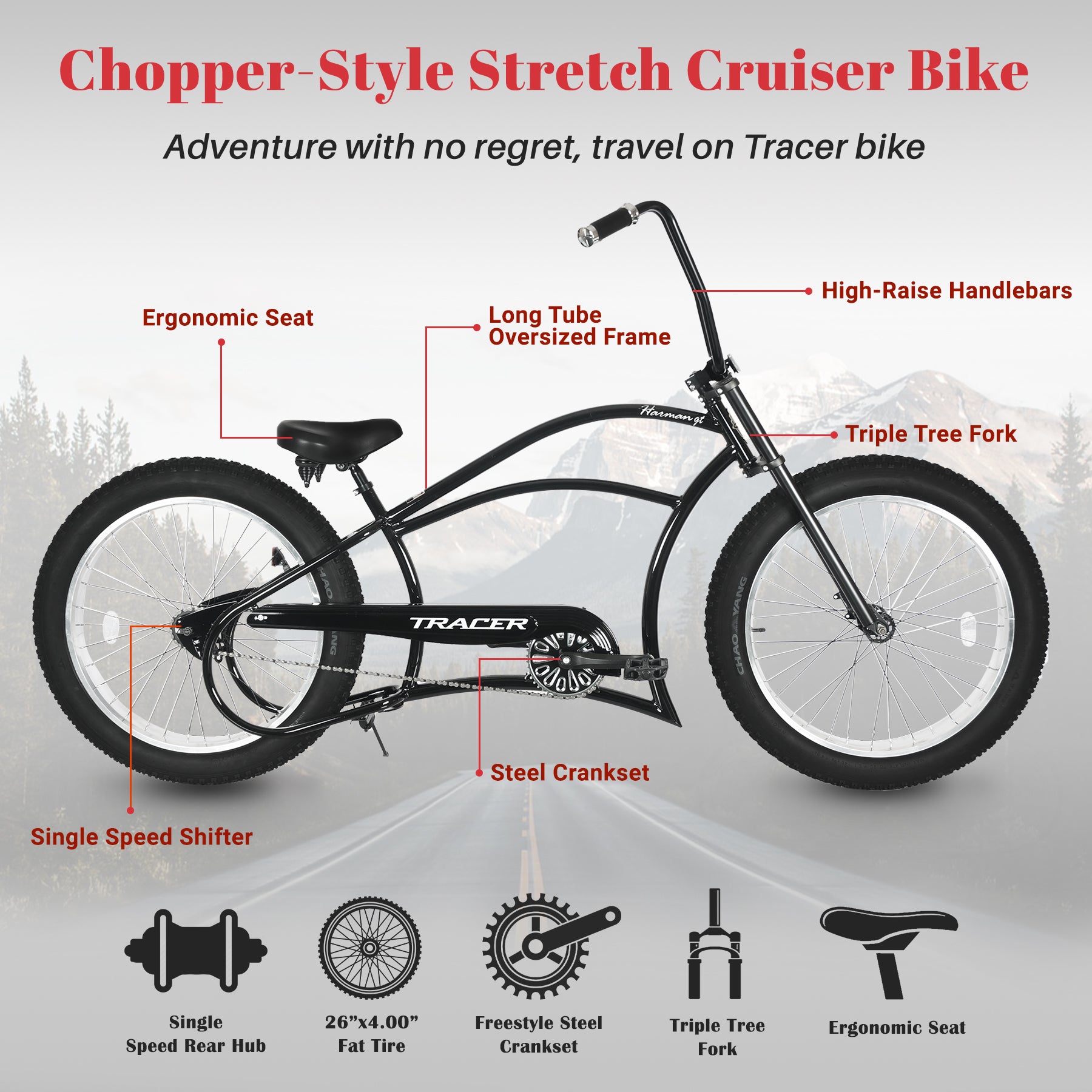Tracer Harman GT 26'' Classic Chopper Stretch Cruiser Fat Tire Bike Single Speed