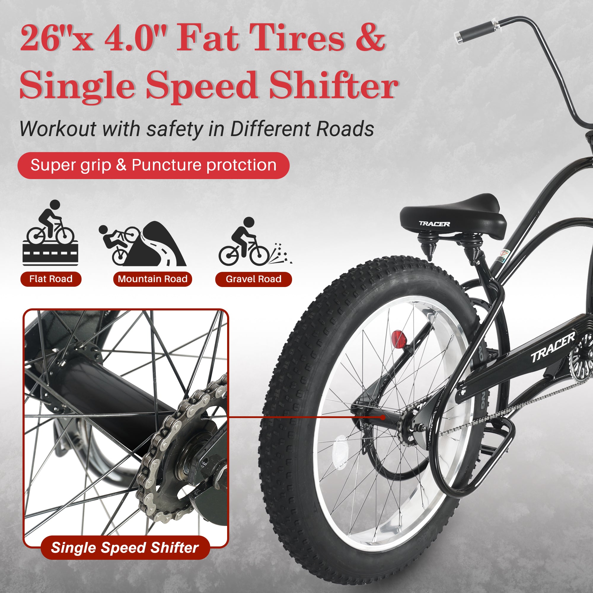 Tracer Harman GT 26'' Classic Chopper Stretch Cruiser Fat Tire Bike Single Speed
