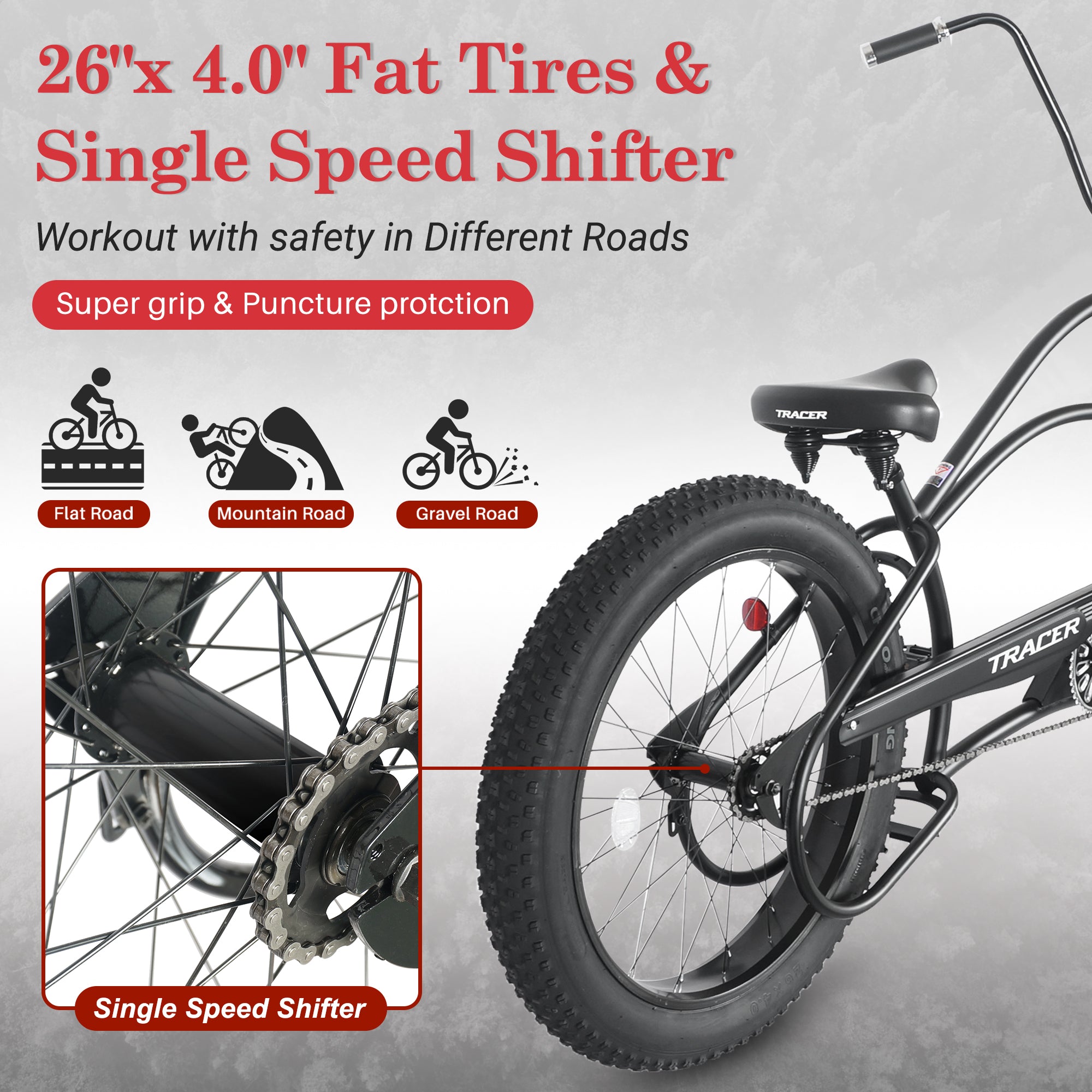 Tracer Harman GT 26'' Classic Chopper Stretch Cruiser Fat Tire Bike Single Speed