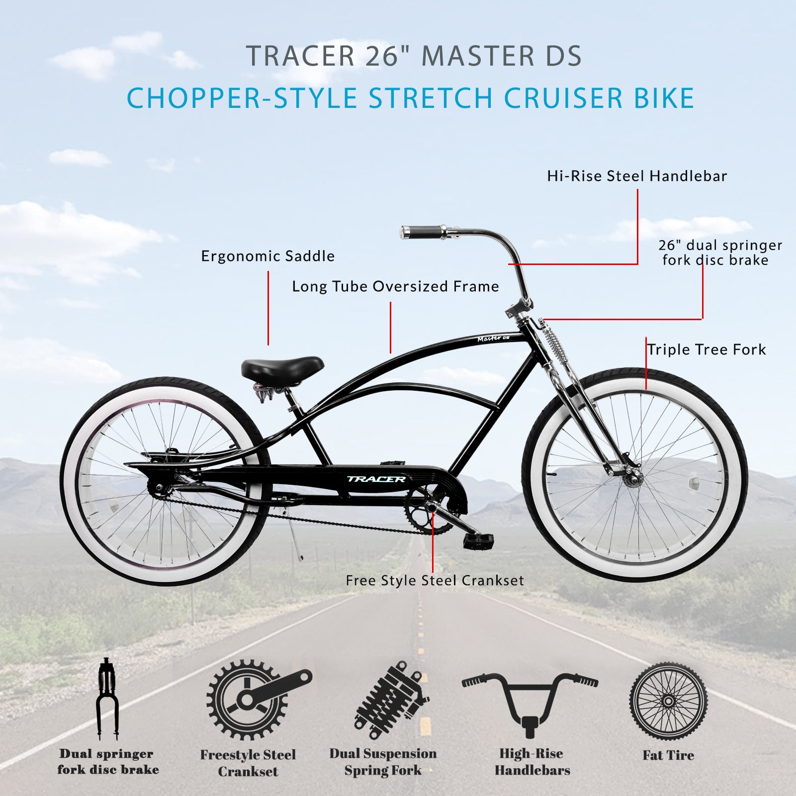 Tracer Master DS 26" Dual Springer Chopper Stretch Beach Cruiser Bike