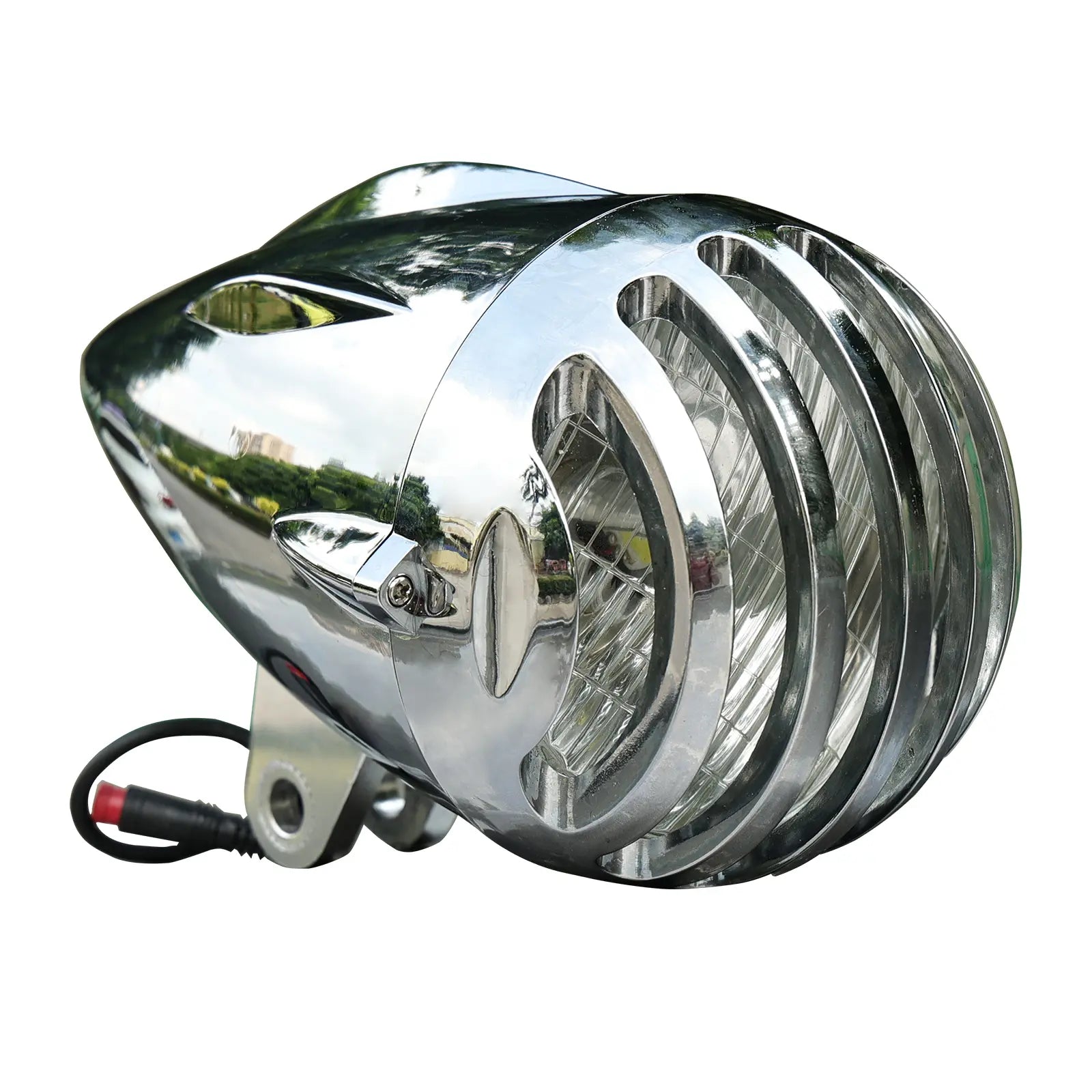 Tracer LG-FL2312-48 vintage chrome LED bike headlight with retro design, front head lamp 12V-48V 10W, shiny metallic finish.