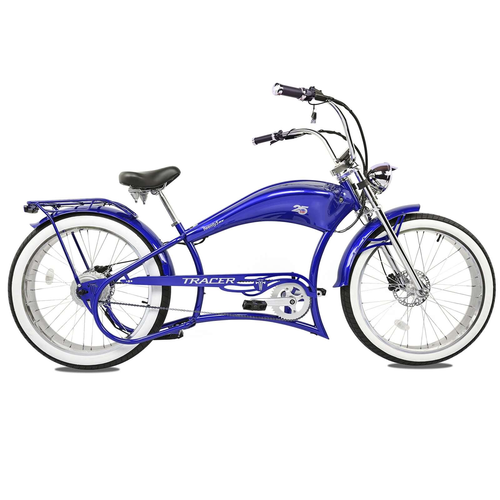 Side view of the blue Twenty5 800W Chopper Stretch cruiser ebike.