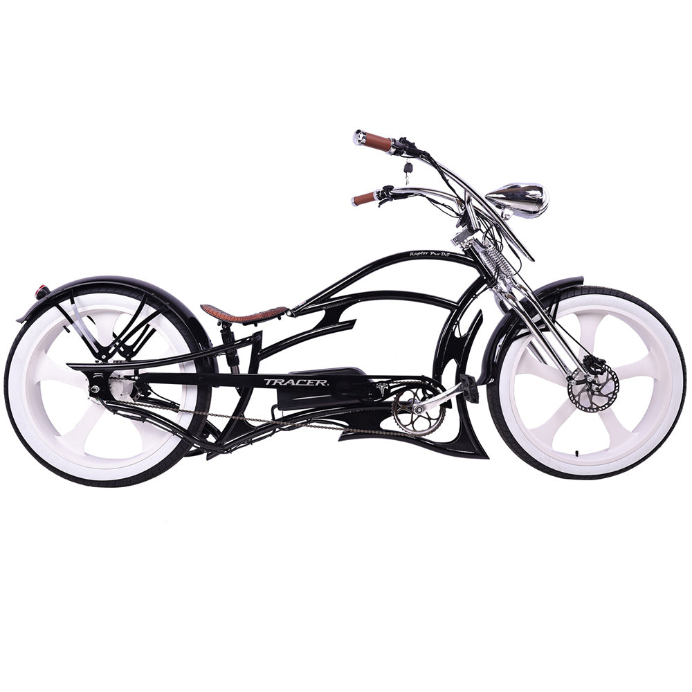 Side profile of the black Raptor Pro DS 800W Stretch Cruiser Ebike, showing its overall stretched style.