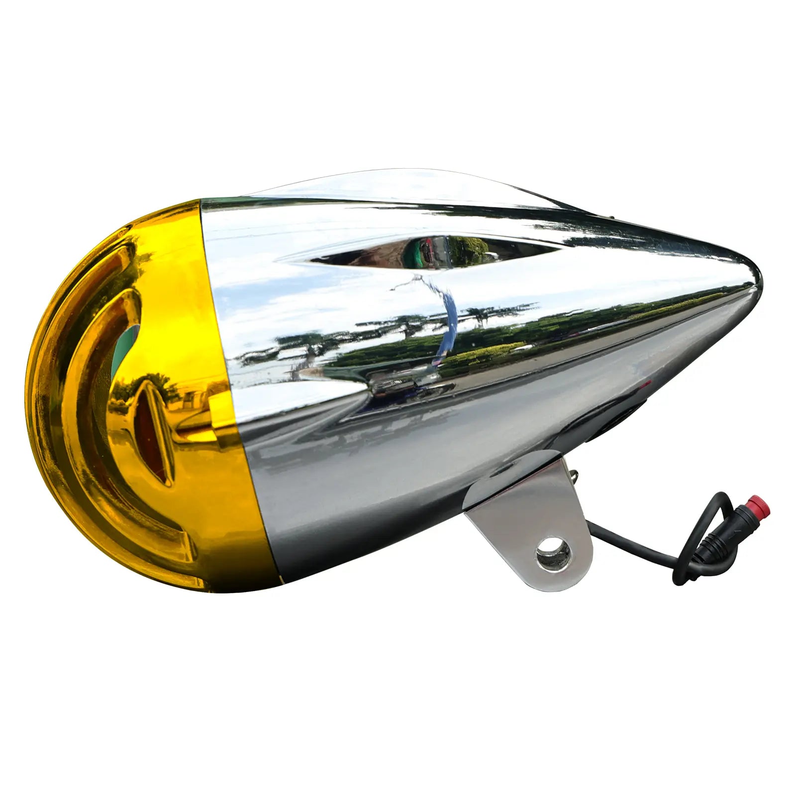 Vintage chrome LED bike headlight with yellow accents, Tracer LG-FL2312-48, 12V-48V, retro style front lamp.