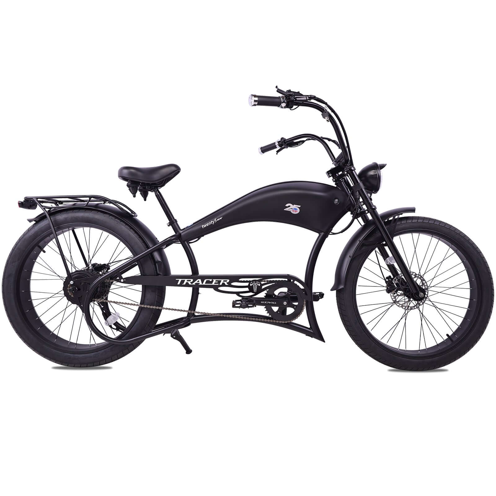 Side view of the Twenty5 800W Chopper Stretch cruiser ebike with black rims and wheels.