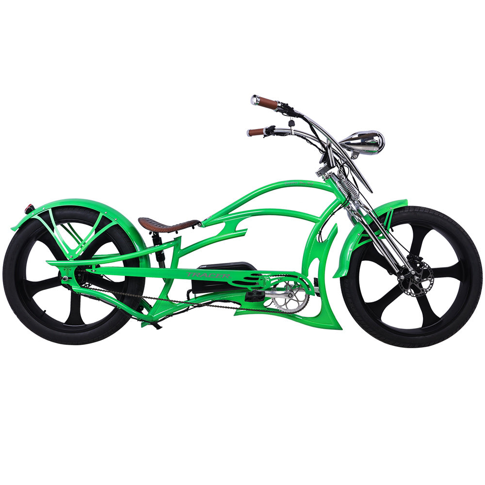 Full-body shot of the green Raptor Pro DS 800W Electric Stretched Cruiser bike