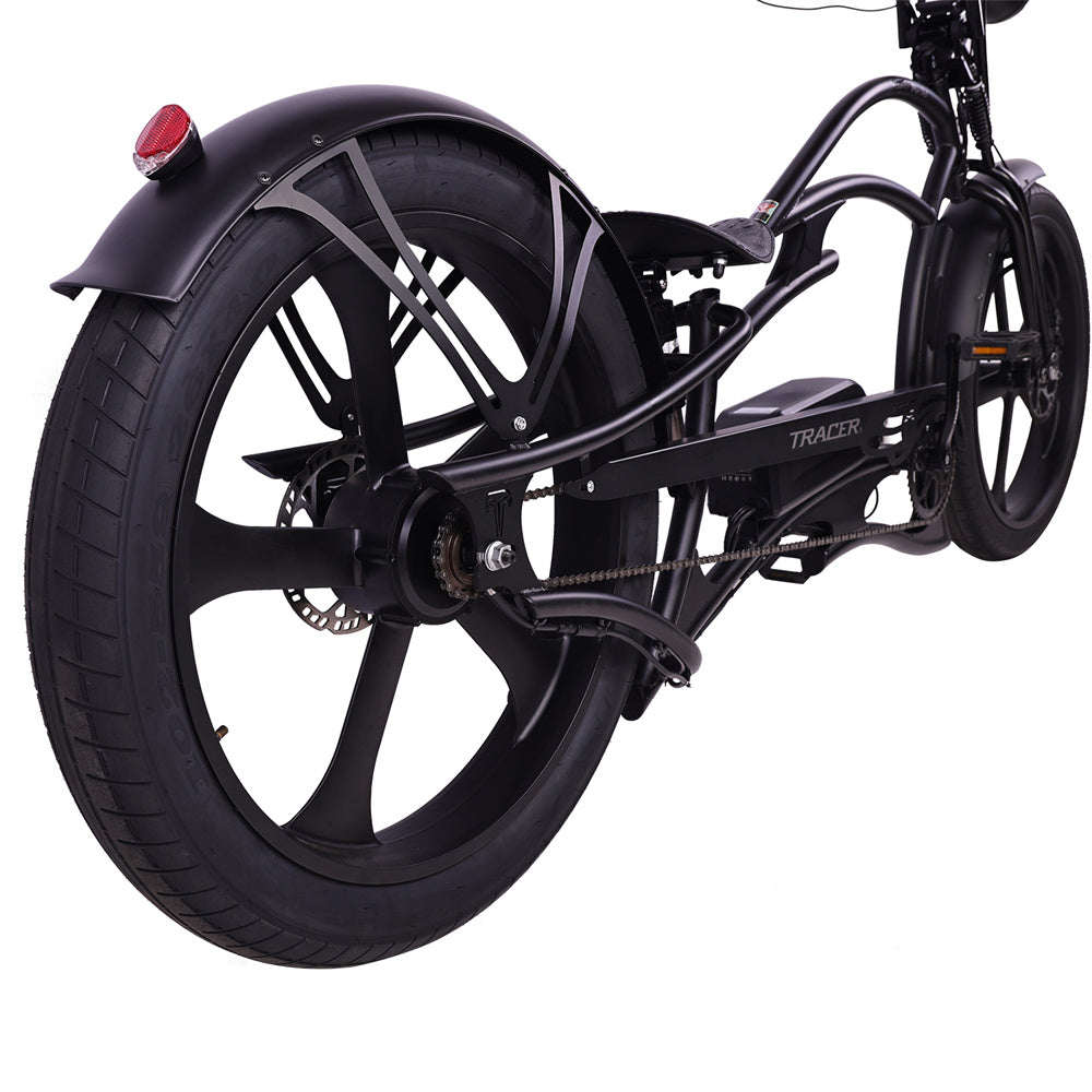 Rear view of the Raptor Pro DS 800W Stretched Cruiser Ebike, showcasing the rear wheel.