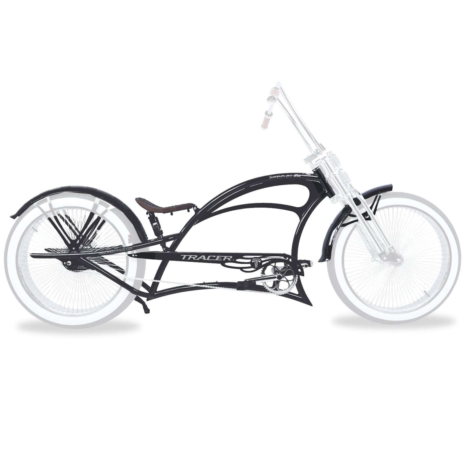 Tracer FM-SCORPION 26" Stretch Chopper Cruiser bike with oversized steel frame and sleek design.