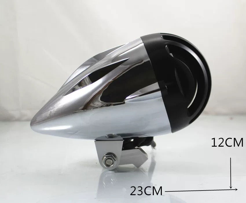 Chrome vintage LED bike headlight with retro design, dimensions 23cm x 12cm, ideal for bicycles, adjustable 12V-48V, 10W.