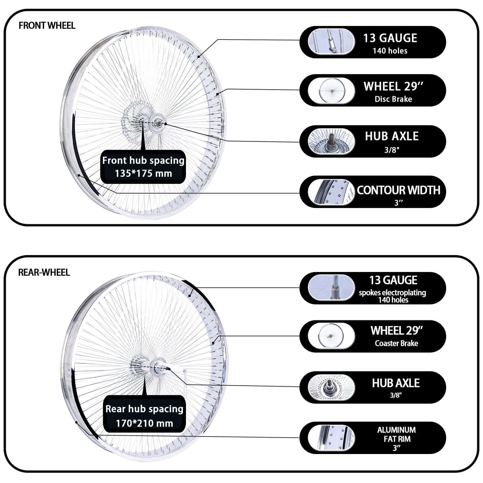 Tracer WH-TH7529140C-CP Mirror Chrome Bike 80mm Fat Rims Wheel Set for 29 inch