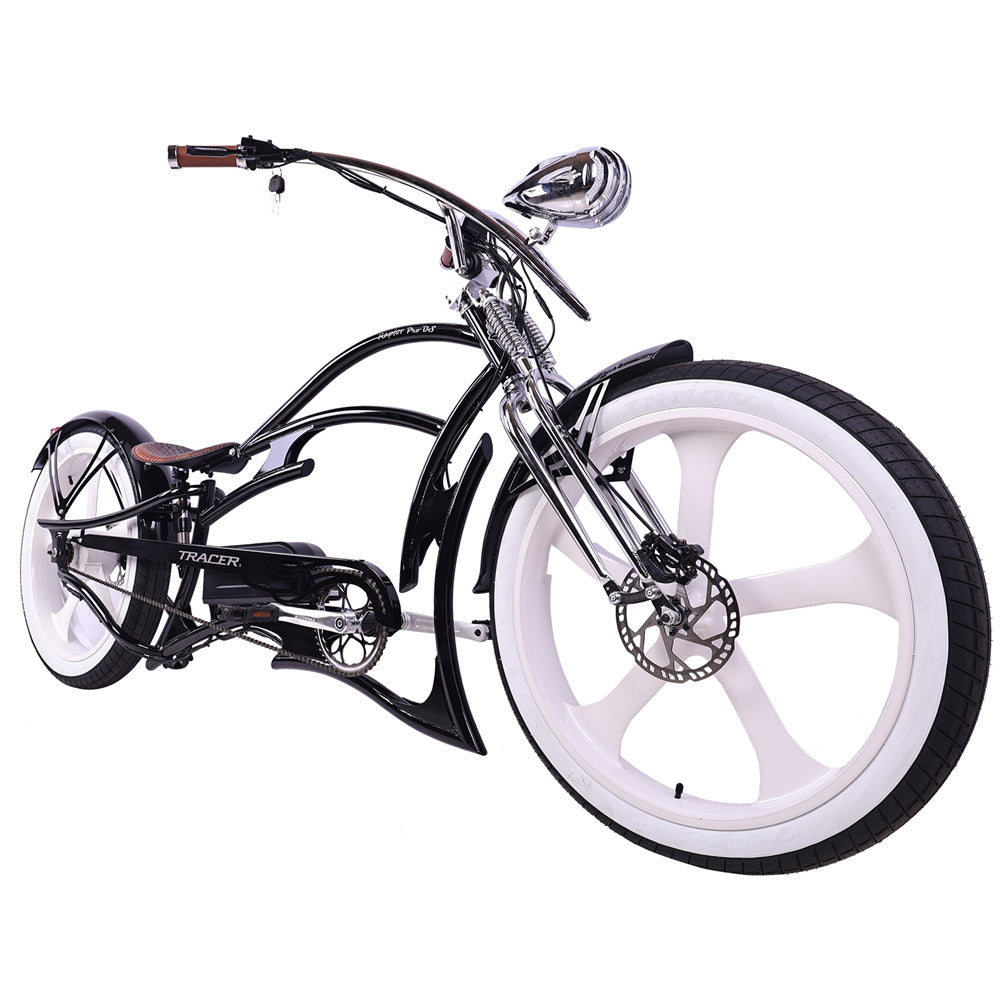 Left front view of the black Raptor Pro DS 800W Stretch Cruiser Ebike, highlighting its five-spoke rim and fat tire.