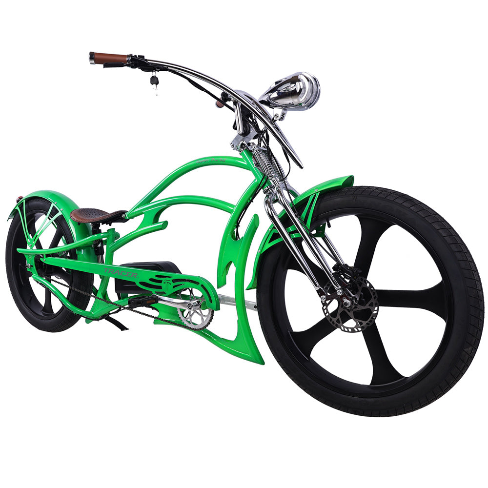 Front view of the green Raptor Pro DS 800W Stretched Beach Cruiser Ebike.