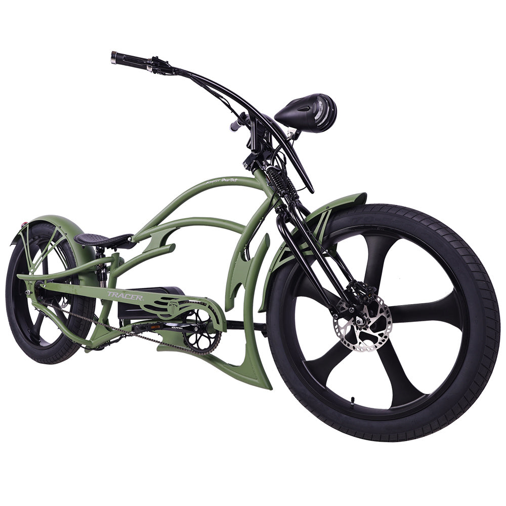 Angled view of the Raptor Pro DS 800W Stretched Cruiser Ebike.