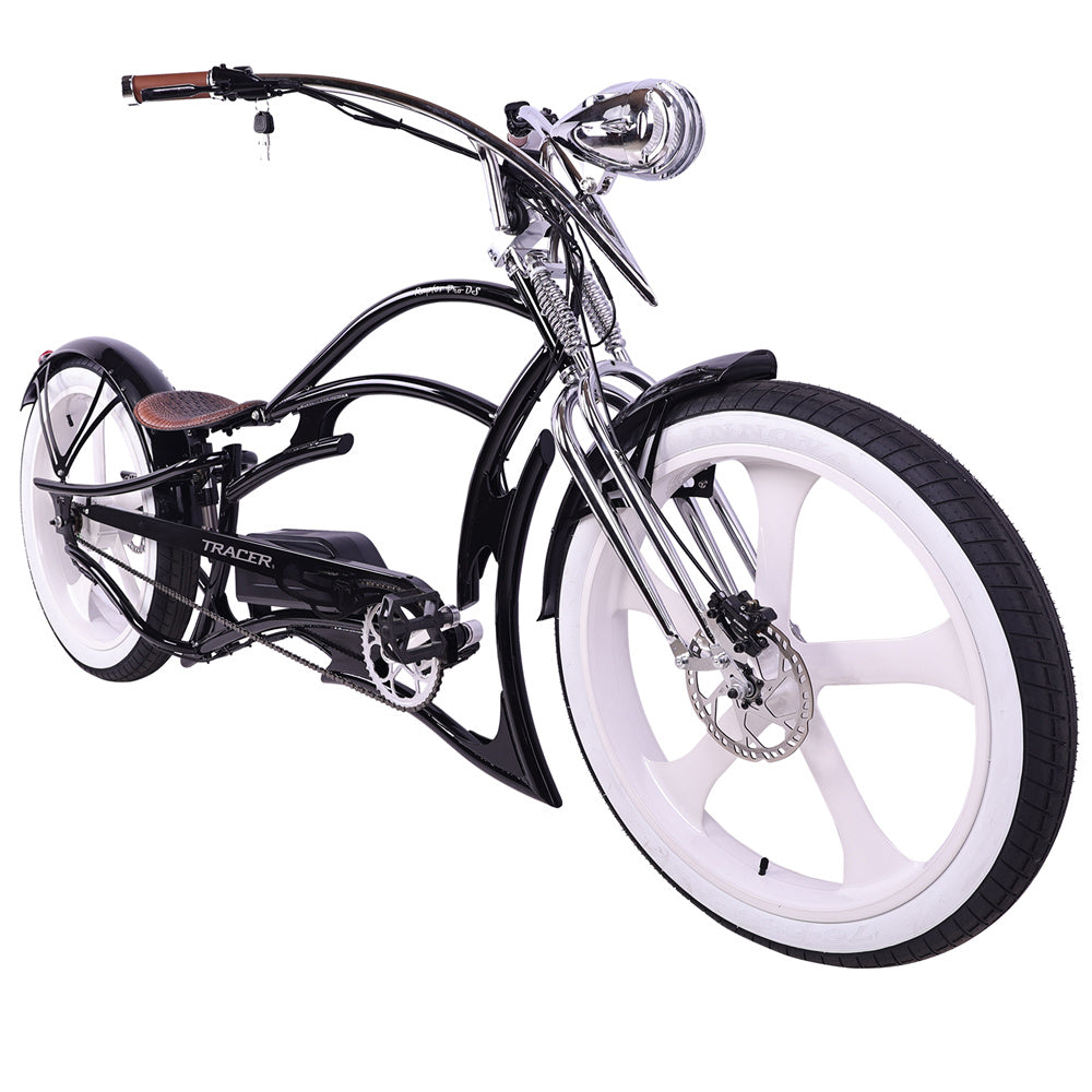 Right front view of the black Raptor Pro DS 800W electric stretch beach cruiser bicycle.