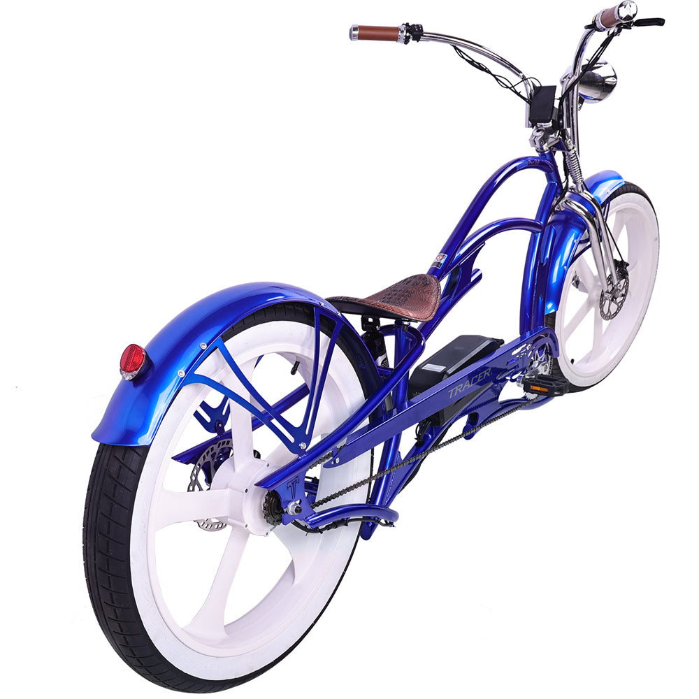 Blue Raptor Pro DS 800W Stretch Cruiser Ebike, showing the wheel and the beautifully shaped chain stays.