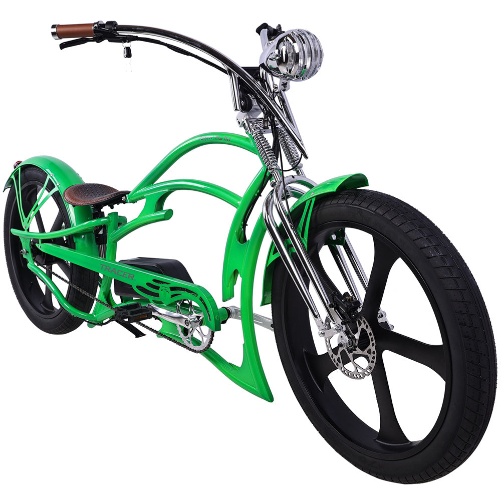 Angled view of the green Raptor Pro DS 800W Stretch Cruiser Ebike, showcasing the beautiful handlebar and wheel rims.